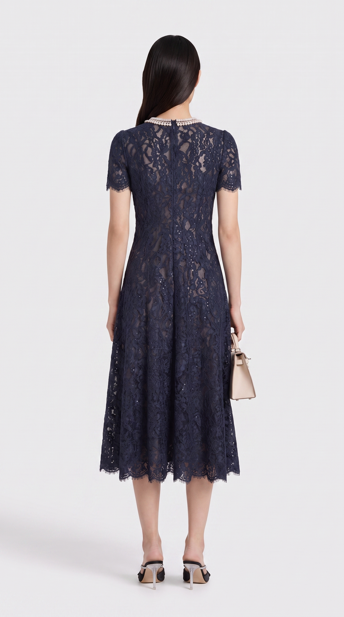 Agave - Pearl Collar Sequined Lace A-Line Midi Dress Dark Blue