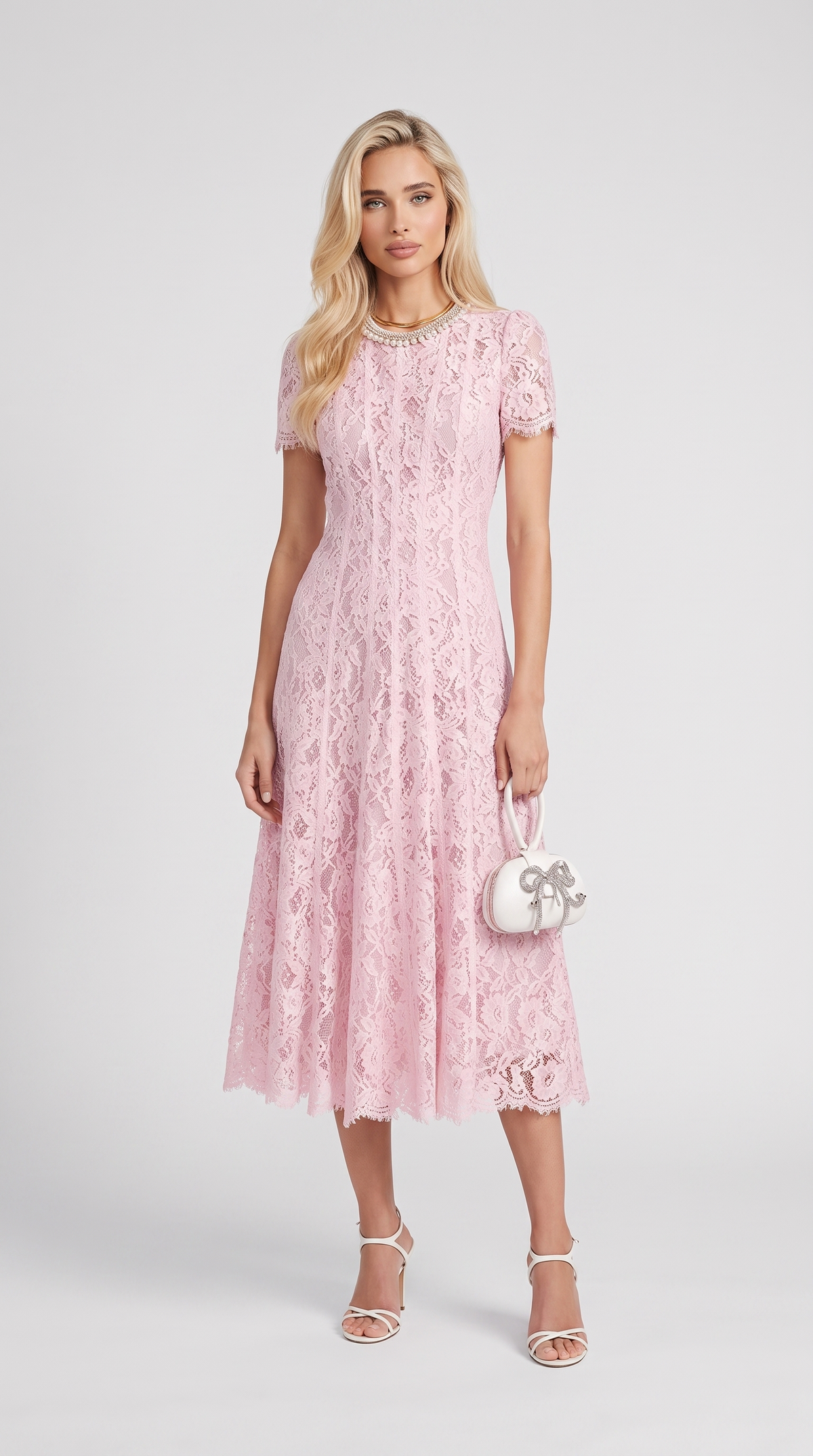 Agave - Pearl Collar Sequined Lace A-Line Midi Dress Pink