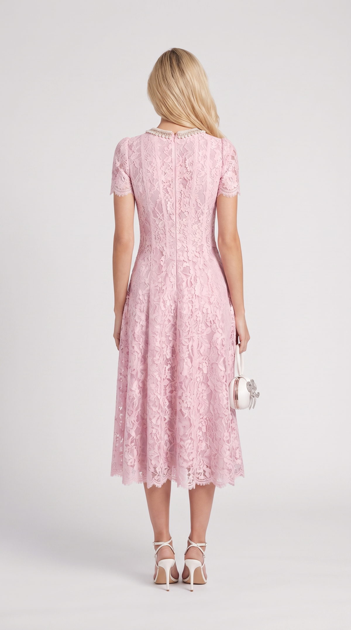 Agave - Pearl Collar Sequined Lace A-Line Midi Dress Pink