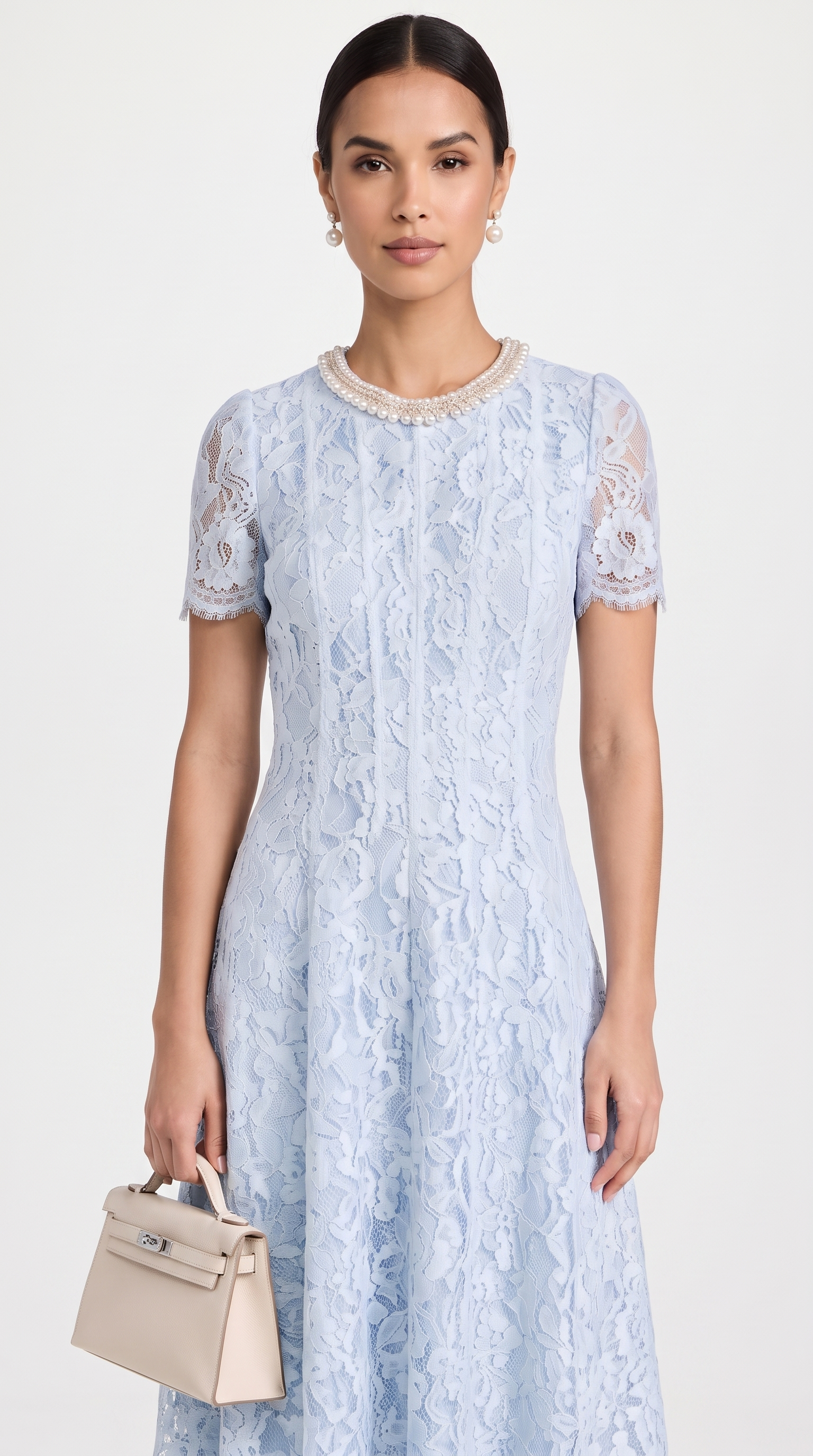 Agave - Pearl Collar Sequined Lace A-Line Midi Dress Light Blue
