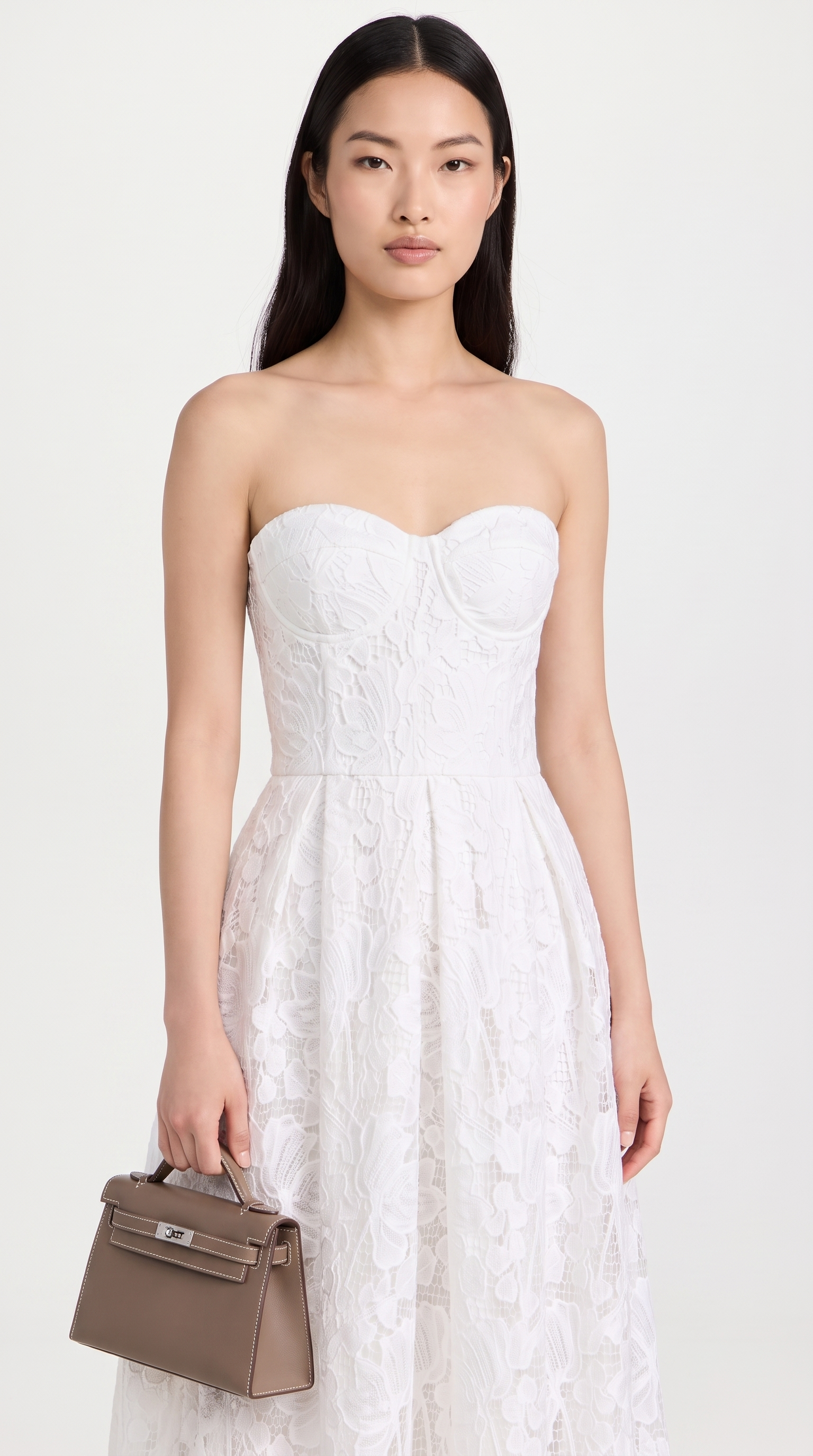Melos - Embroidered Corseted A-Line Midi Dress White