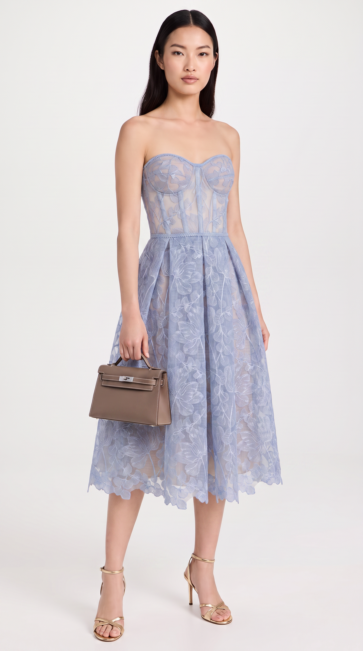 Melos - Embroidered Corseted A-Line Midi Dress Baby Blue