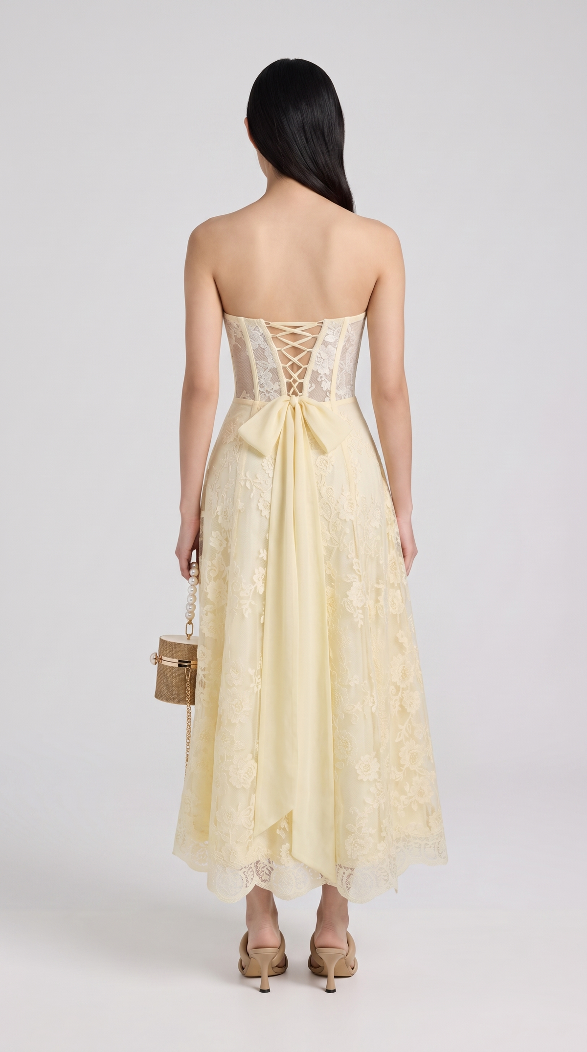 Brisa - Strapless Corseted Lace-Up Midi Dress Yellow