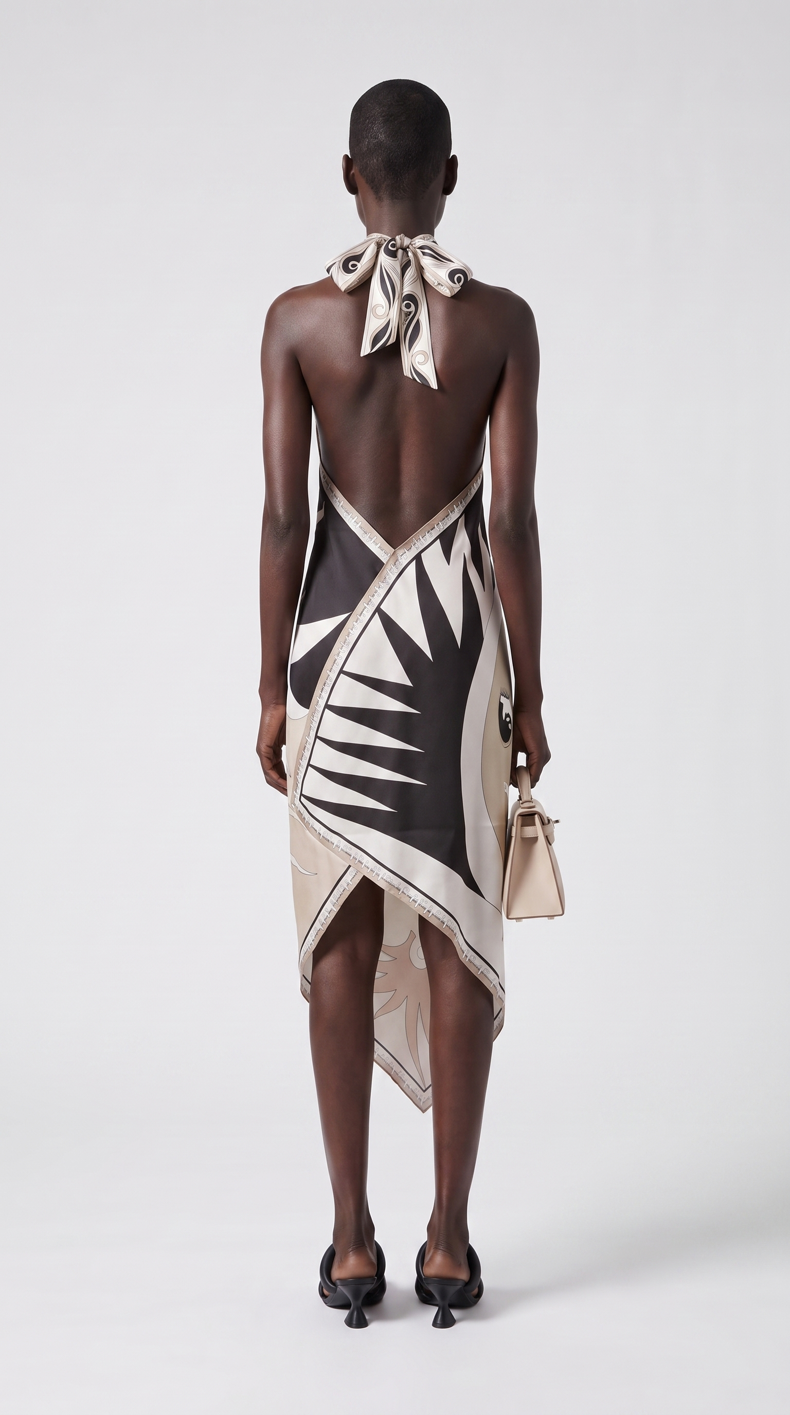 Liri - Printed Halter Handkerchief Silk-Satin Dress Black