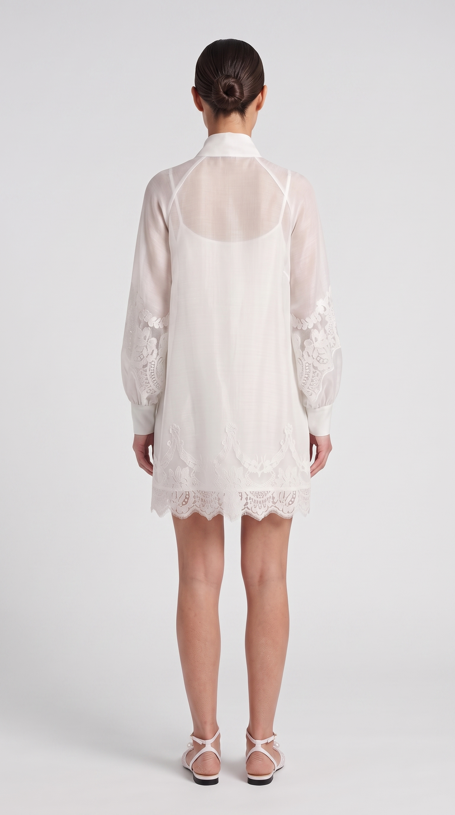 Skia - Lace-Trimmed Sheer Bow-Neck Mini Dress