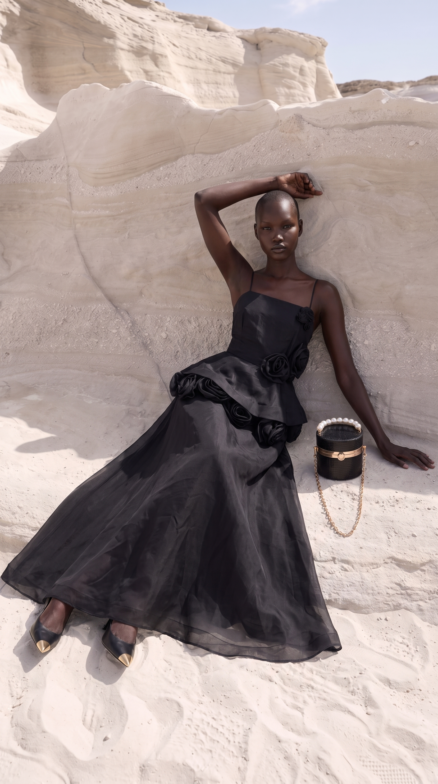 Roda - 3D Rosette Peplum Maxi Dress Black