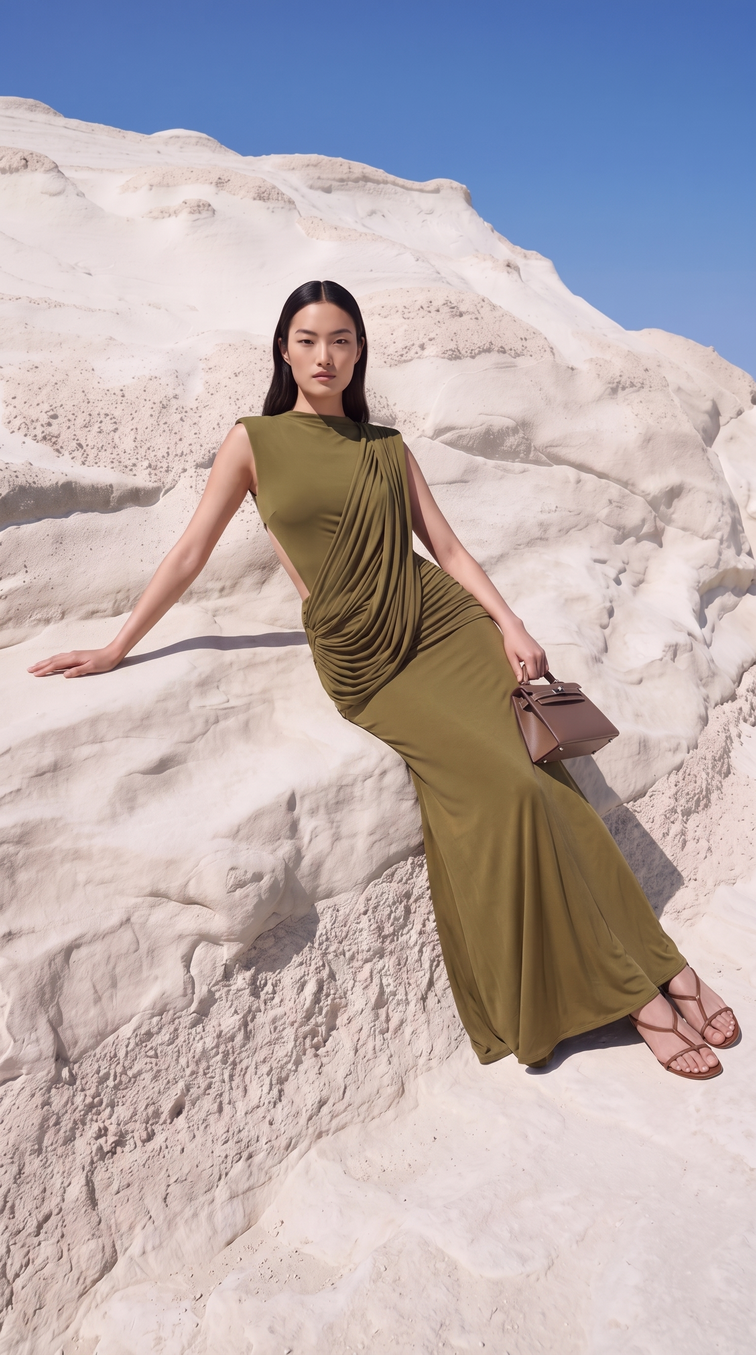 Vento - Draped Cowl Asymmetric Open-Back Maxi Dress Green