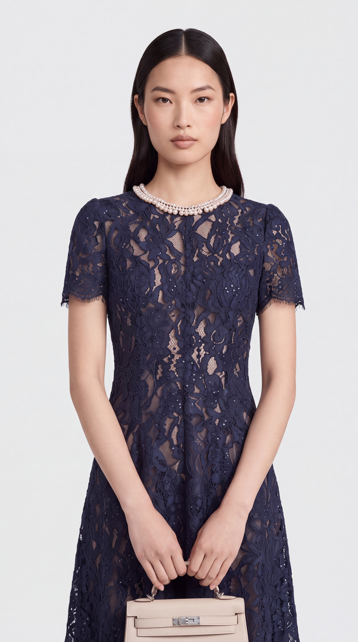 Agave - Pearl Collar Sequined Lace A-Line Midi Dress Dark Blue
