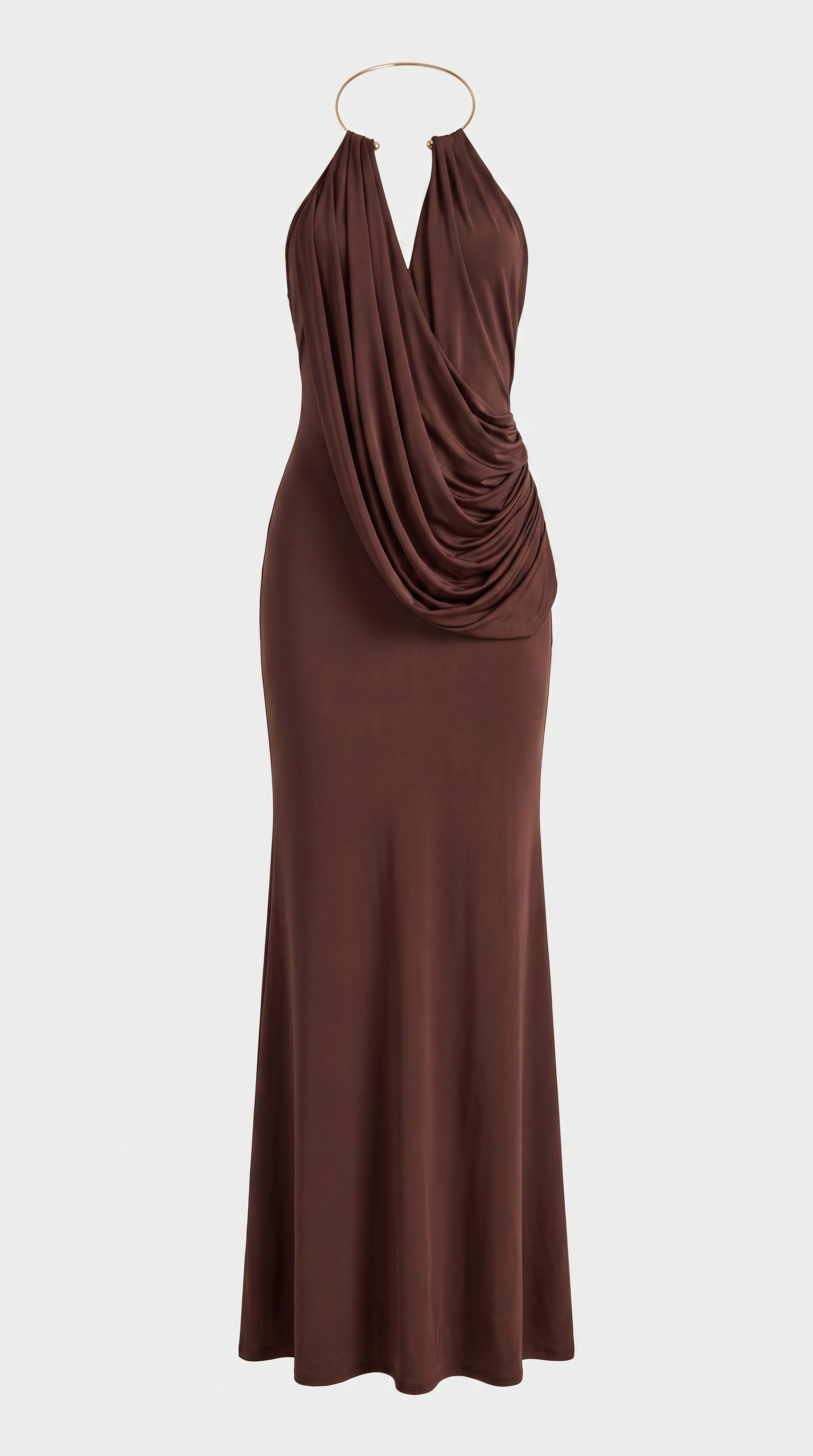 Ambra - Metallic Choker Draped Open-Back Maxi Dress Brown