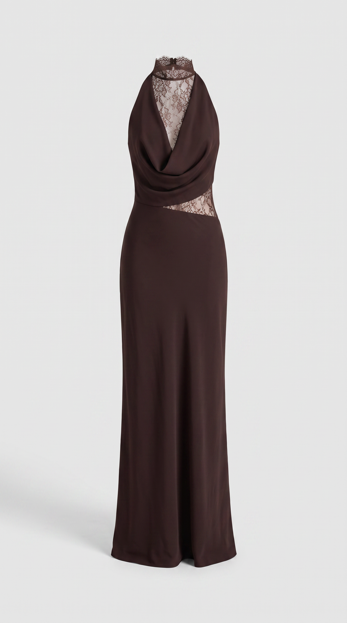 Sabi - Cowl-Neck Lace-Panel Open-Back Maxi Dress Brown