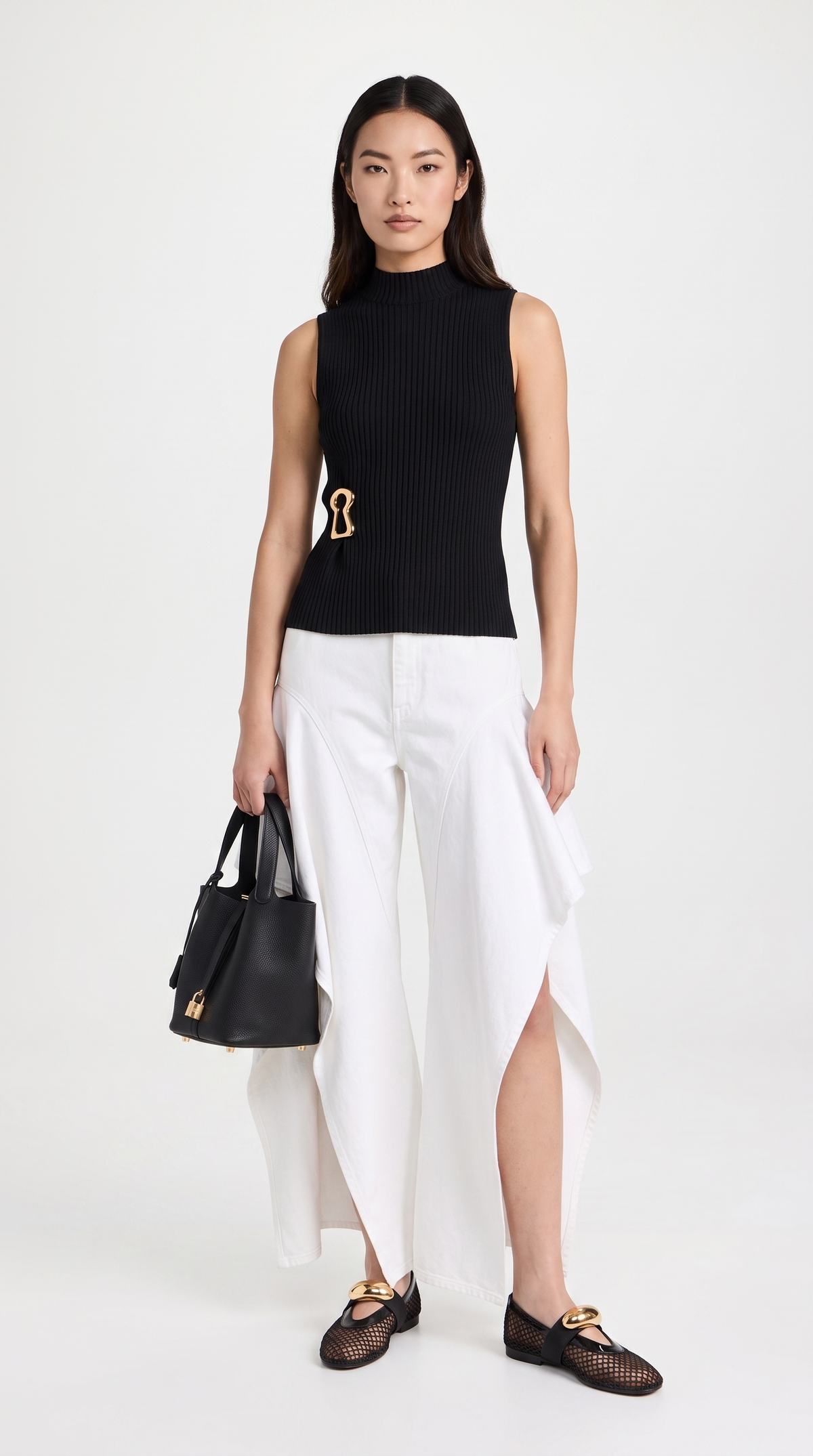 Viro - Sculptural Cascading Side-Ruffle Denim Pants White