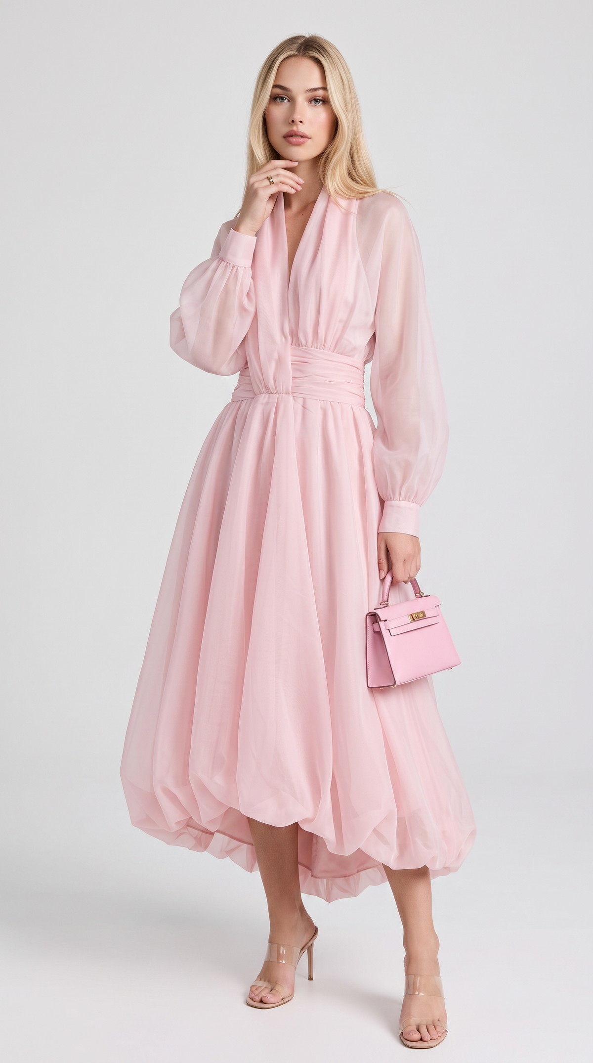 Zante - Draped V-Neck Bubble-Hem Organza Midi Dress Pink