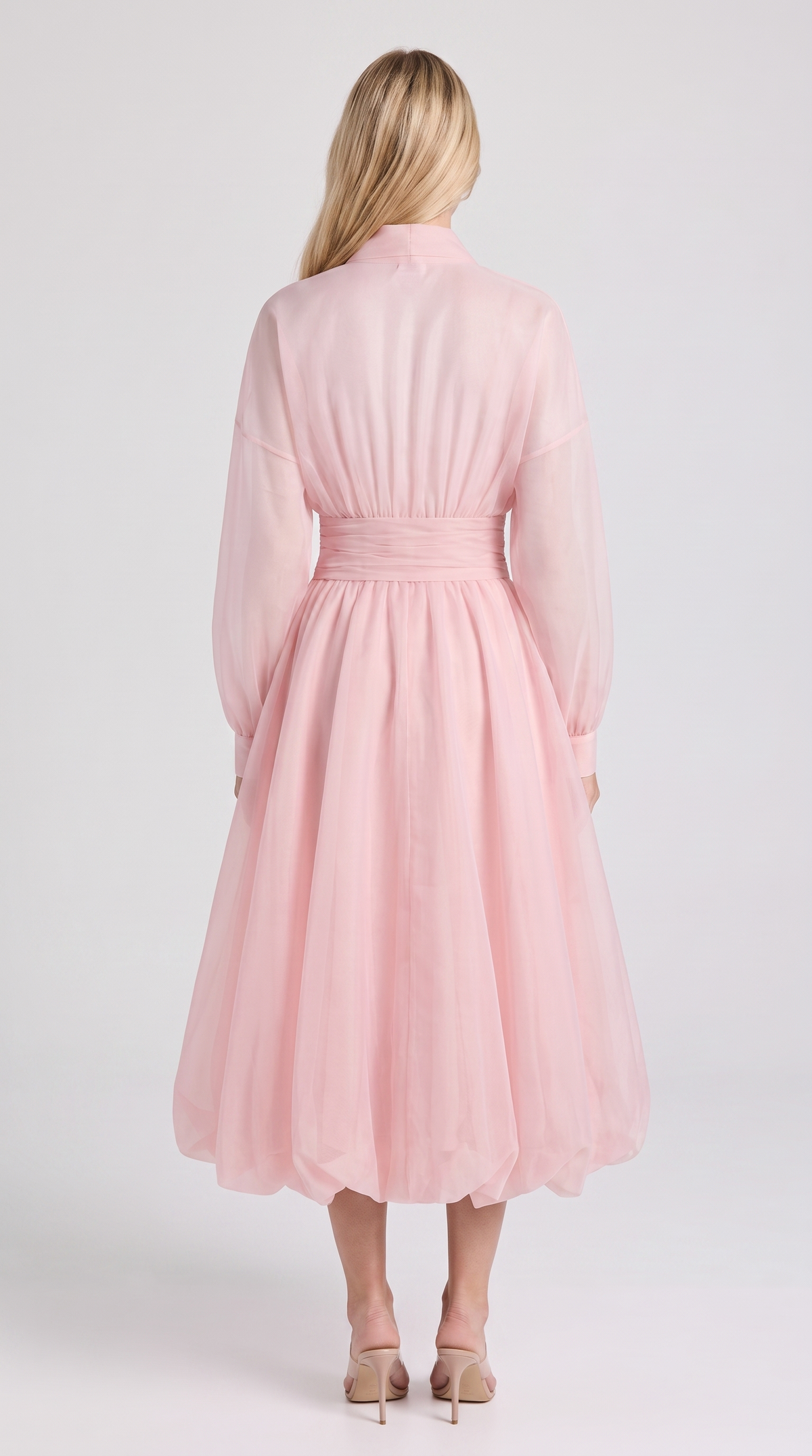 Zante - Draped V-Neck Bubble-Hem Organza Midi Dress Pink