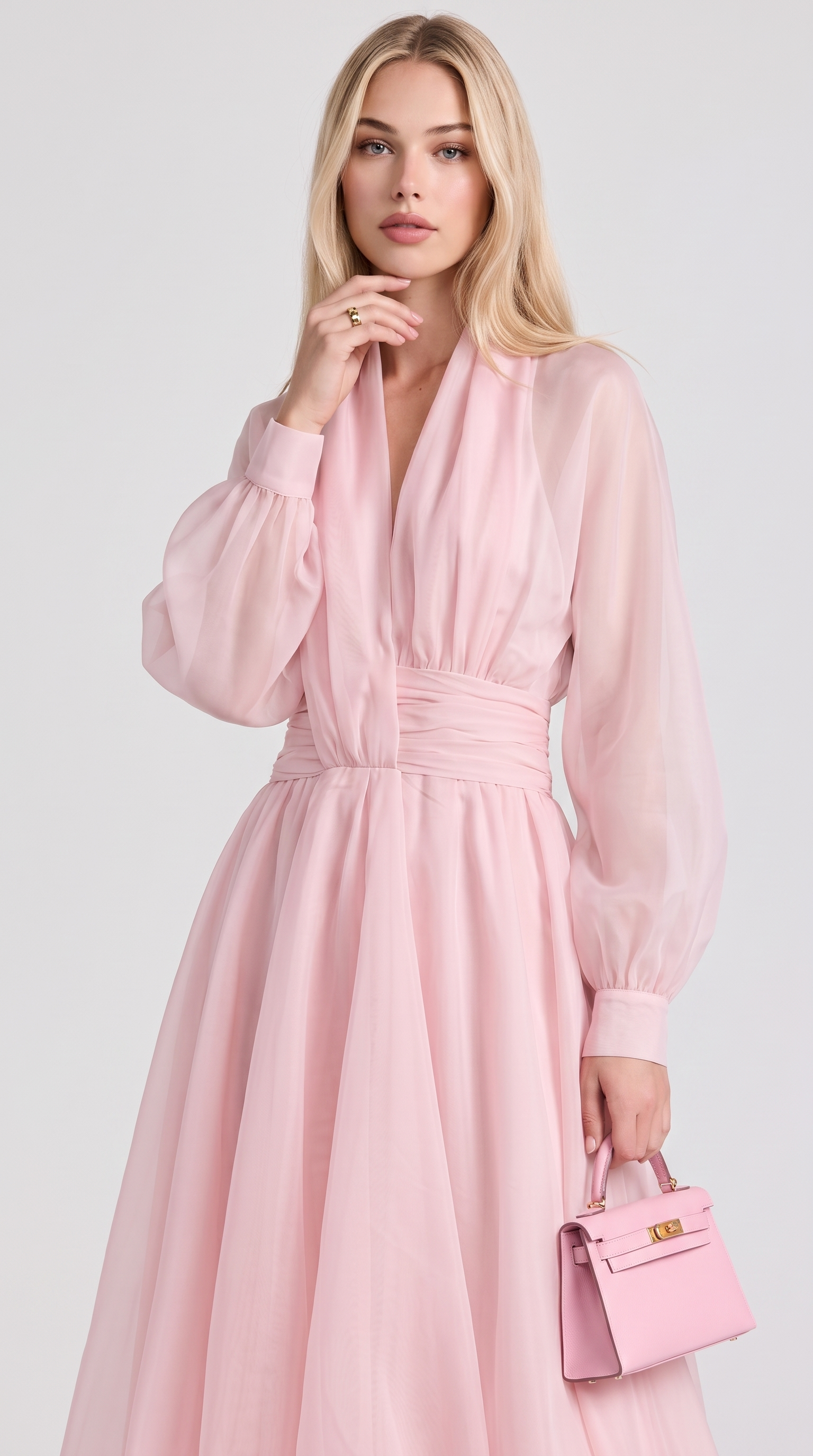 Zante - Draped V-Neck Bubble-Hem Organza Midi Dress Pink