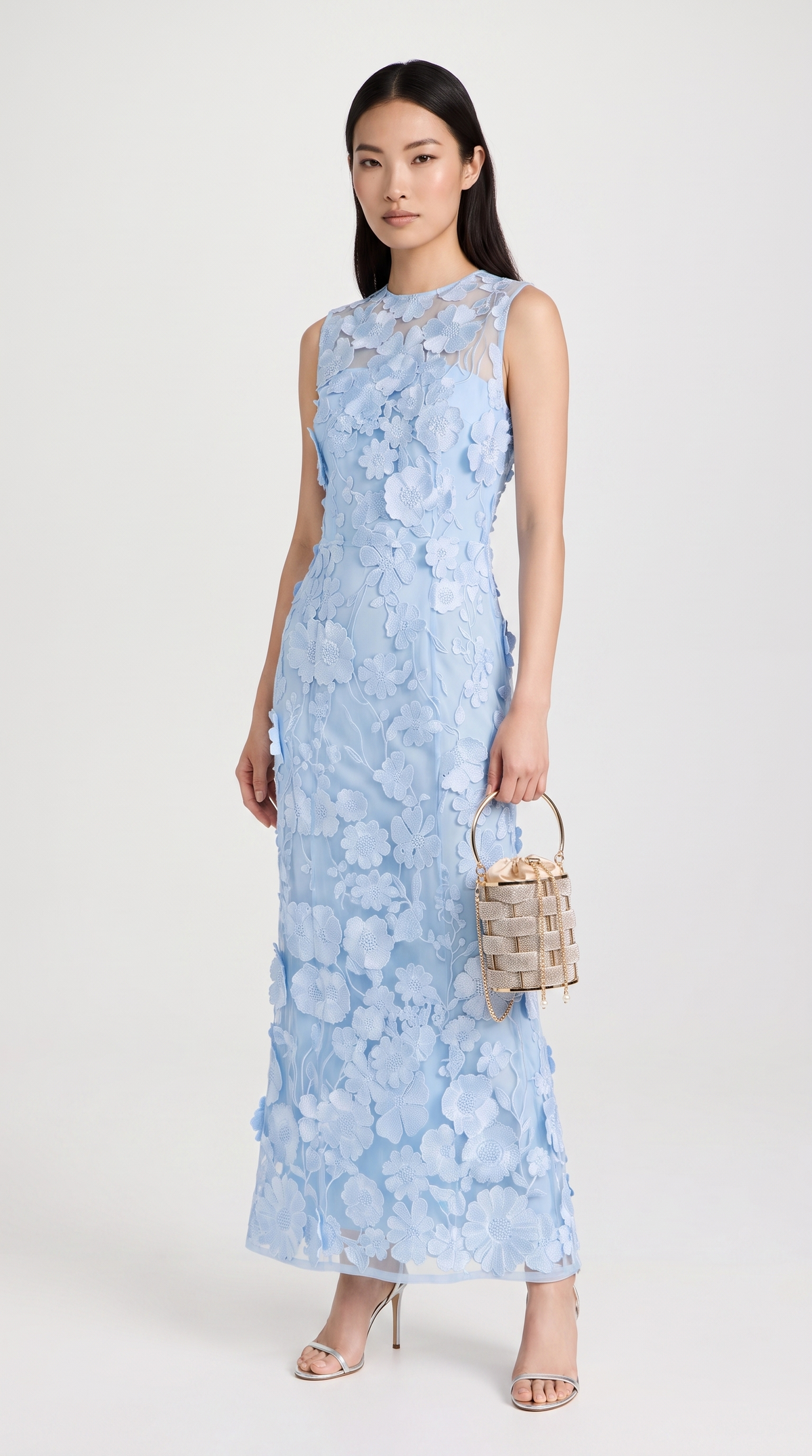 Kyma - 3D Floral Appliqué Sleeveless Column Maxi Dress Blue
