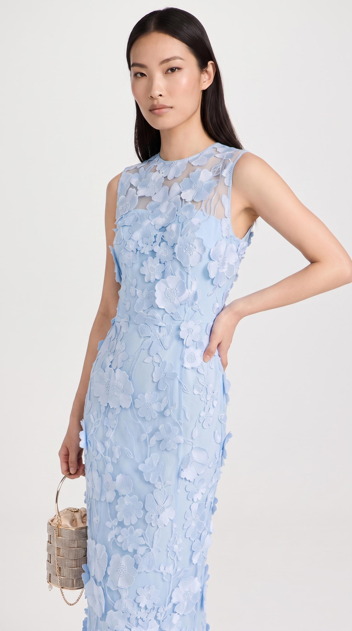 Kyma - 3D Floral Appliqué Sleeveless Column Maxi Dress Blue