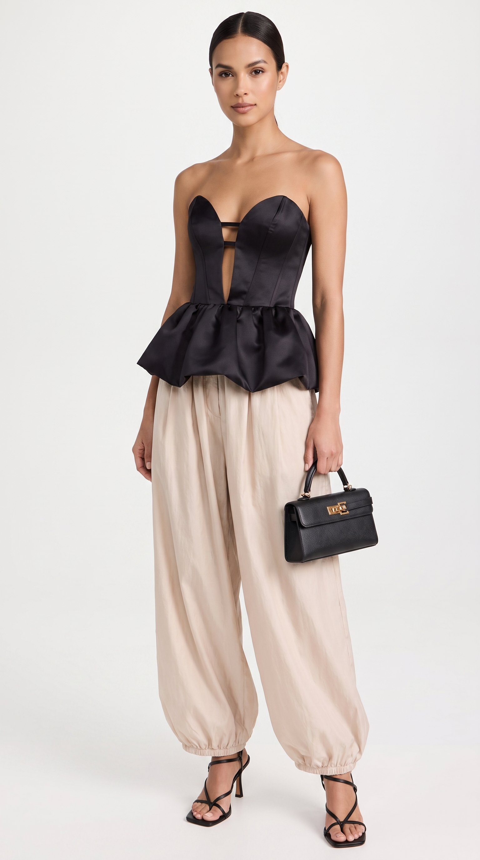 Salina - Strapless Cutout Plunge Peplum Corset Top Black