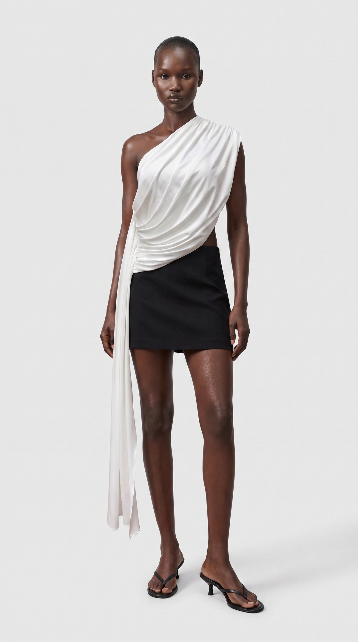 Fira - One-Shoulder Draped Sash-Train Top White