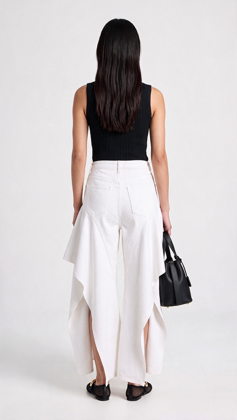 Viro - Sculptural Cascading Side-Ruffle Denim Pants White