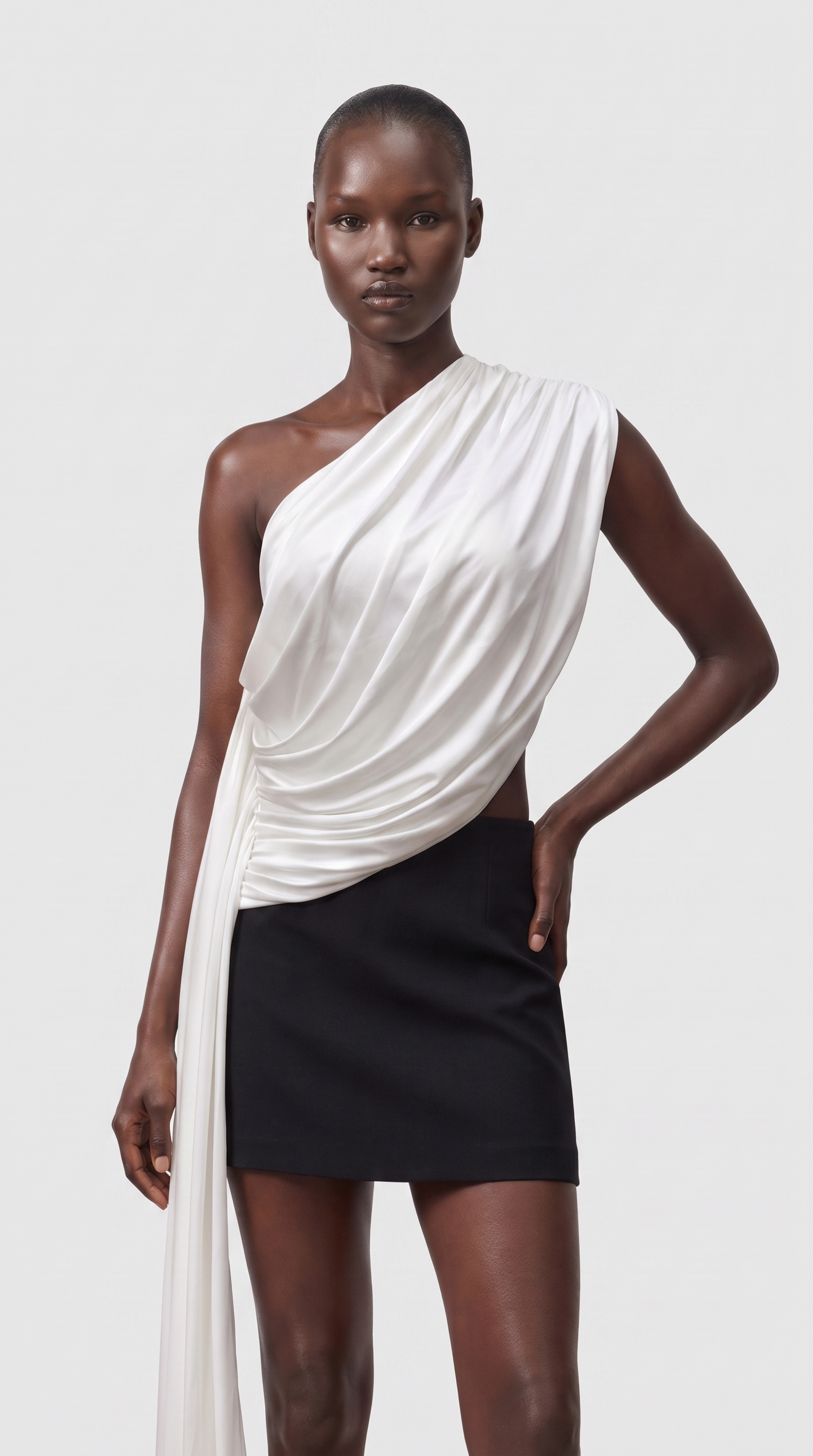 Fira - One-Shoulder Draped Sash-Train Top White