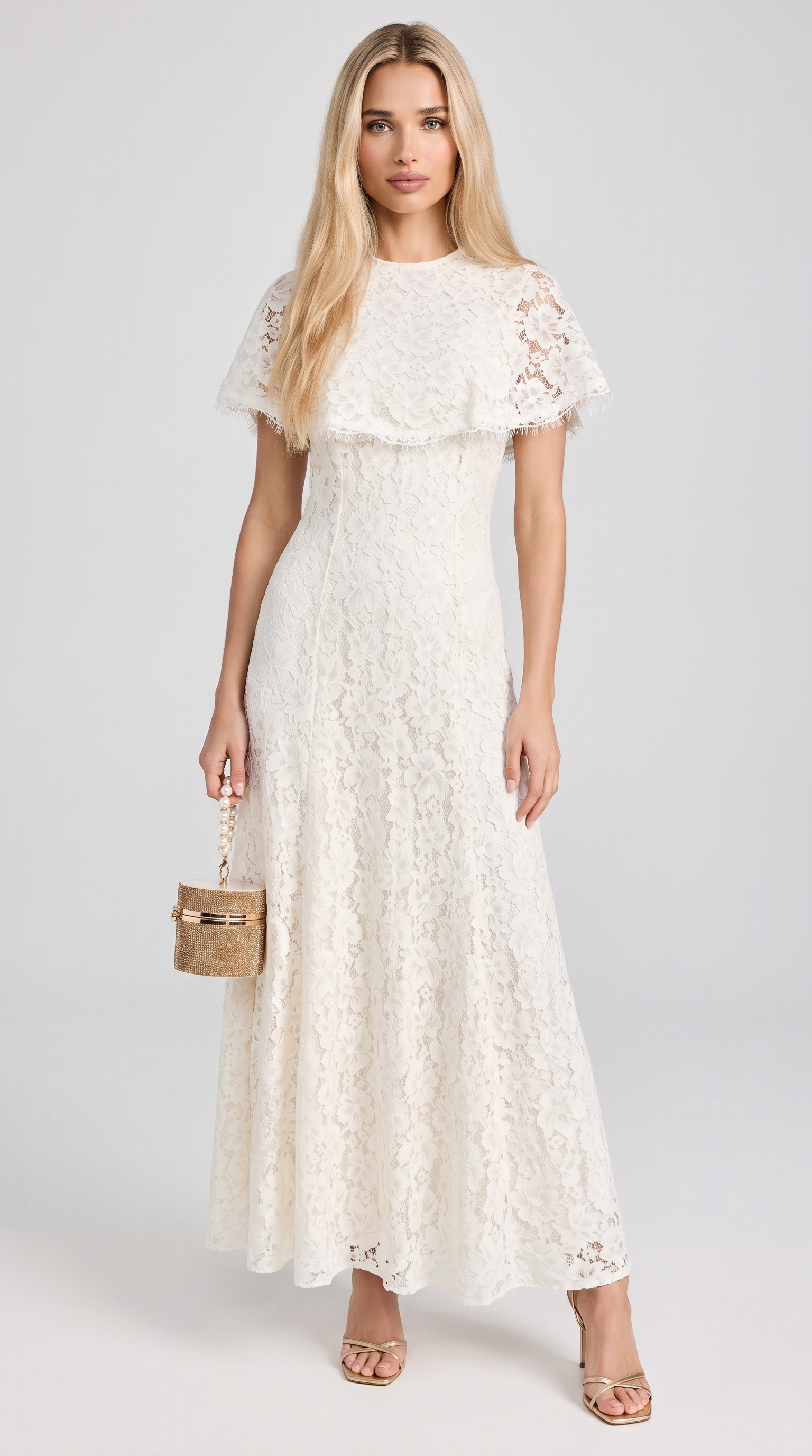 Elba - Lace Maxi Slip Dress with Detachable Capelet Ivory