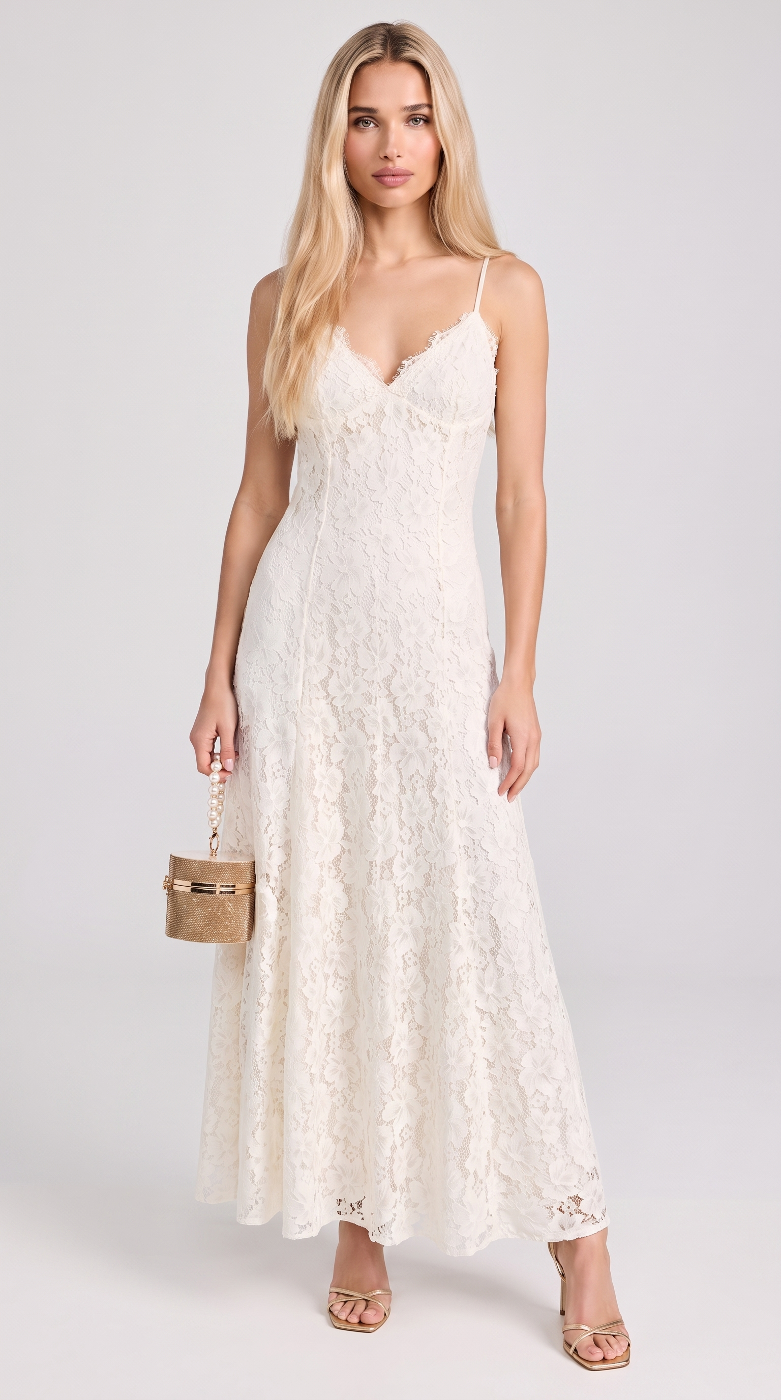 Elba - Lace Maxi Slip Dress with Detachable Capelet Ivory
