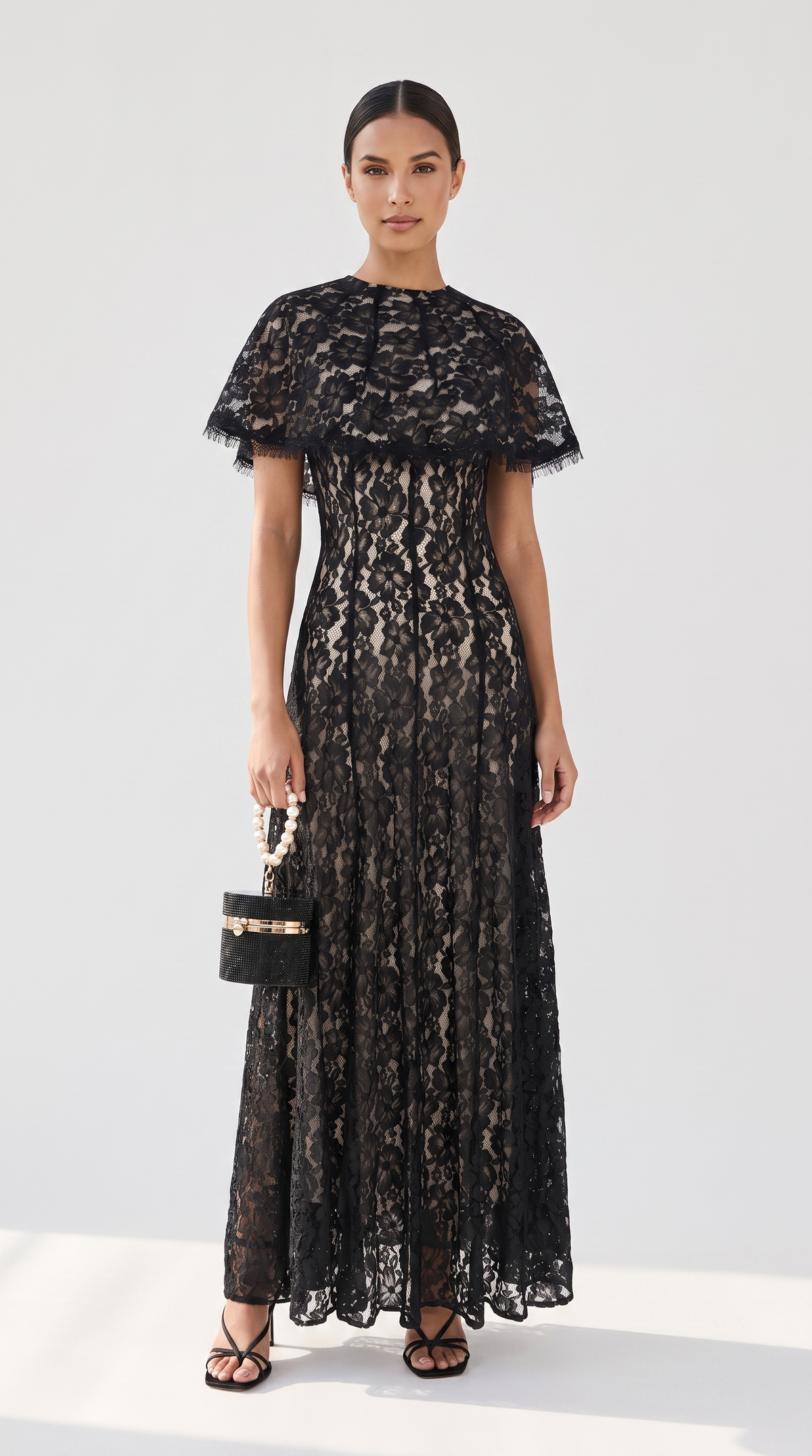 Elba - Lace Maxi Slip Dress with Detachable Capelet Black