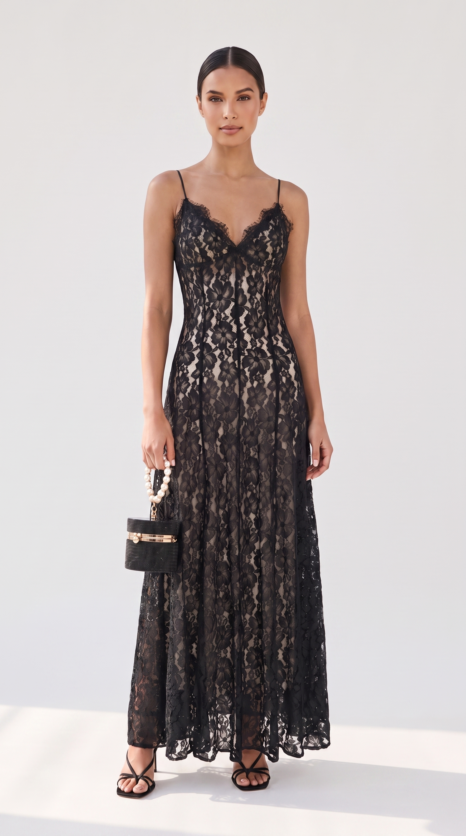Elba - Lace Maxi Slip Dress with Detachable Capelet Black