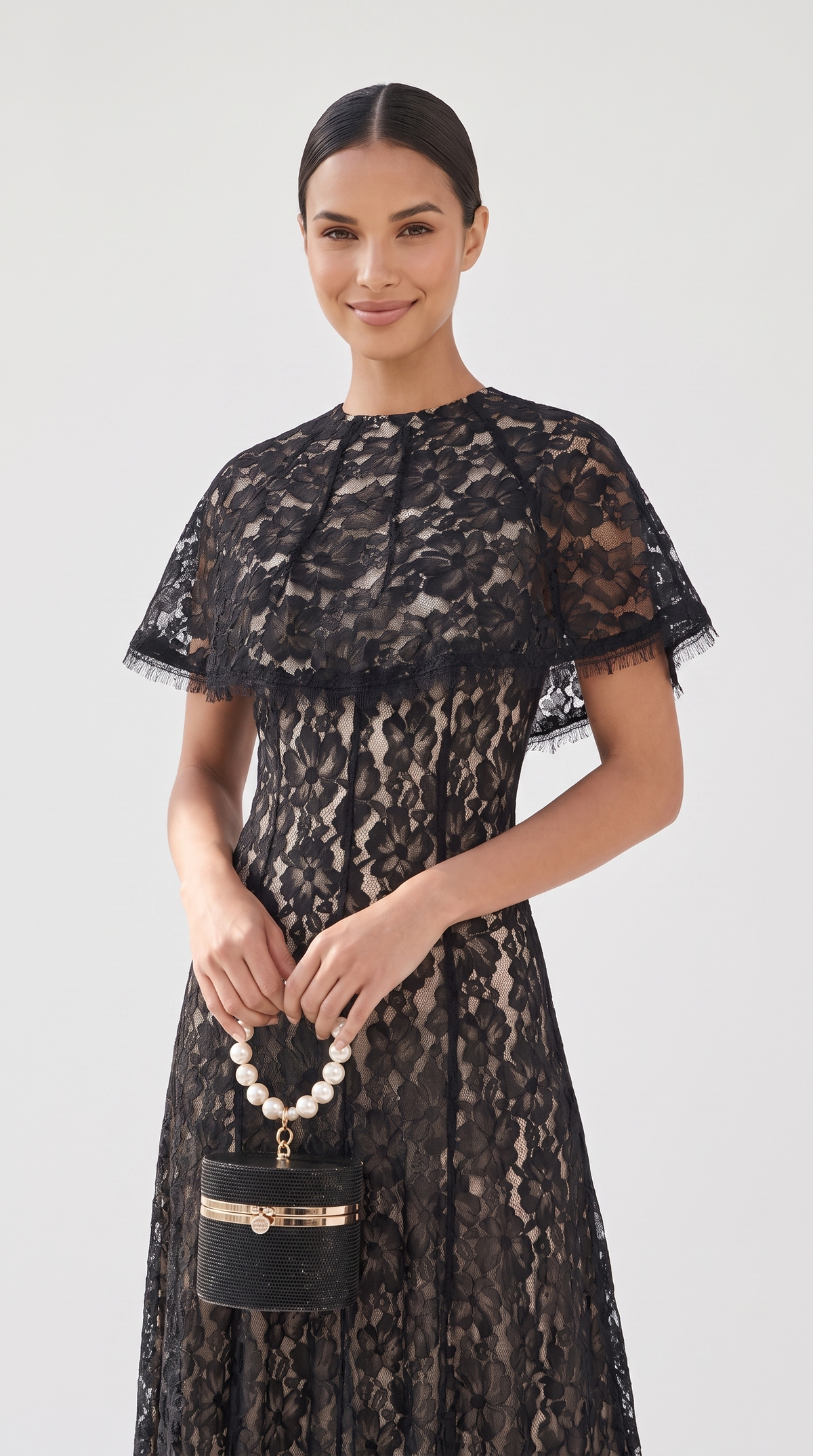 Elba - Lace Maxi Slip Dress with Detachable Capelet Black