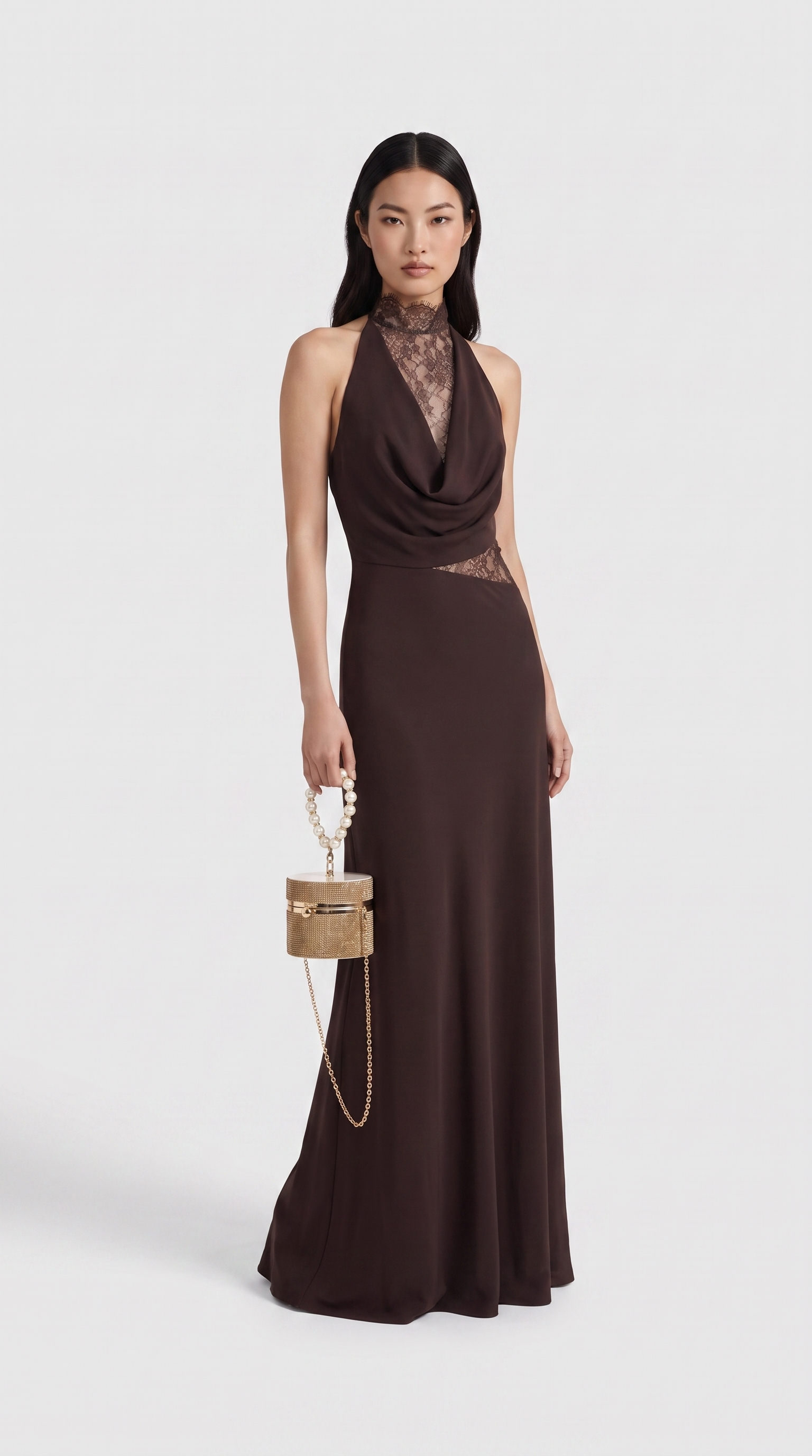 Sabi - Cowl-Neck Lace-Panel Open-Back Maxi Dress Brown