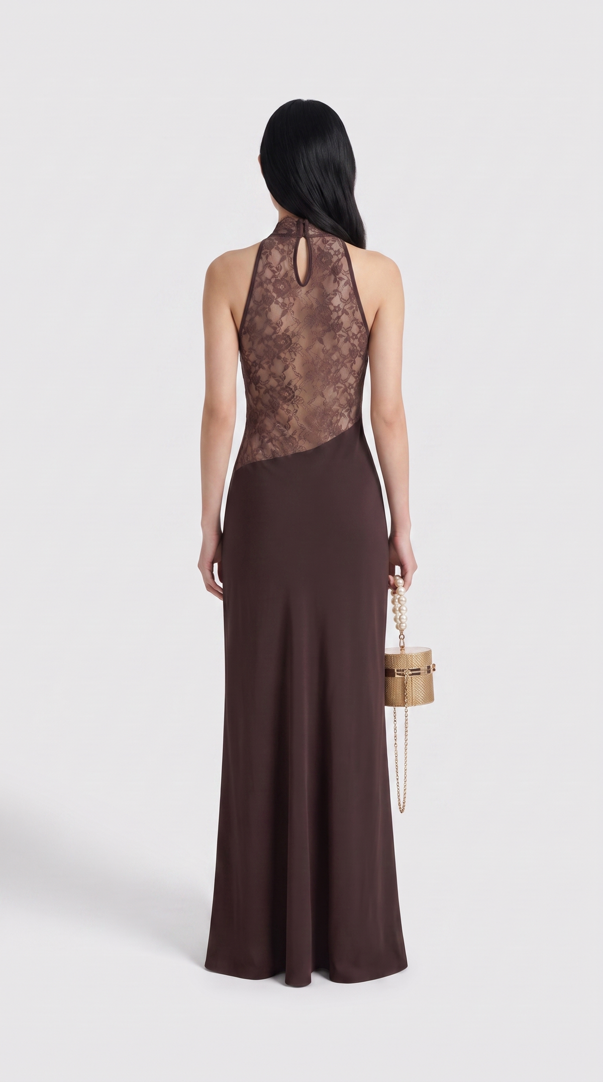 Sabi - Cowl-Neck Lace-Panel Open-Back Maxi Dress Brown