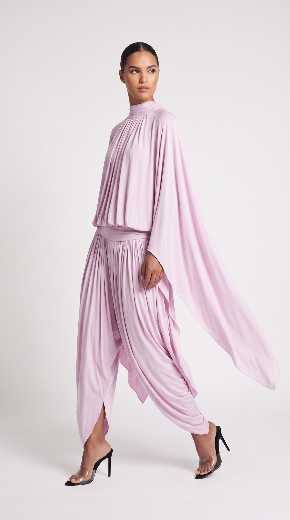 Nasia - Draped Cape Top & Pleated Harem Pants Two-Piece Set Pink