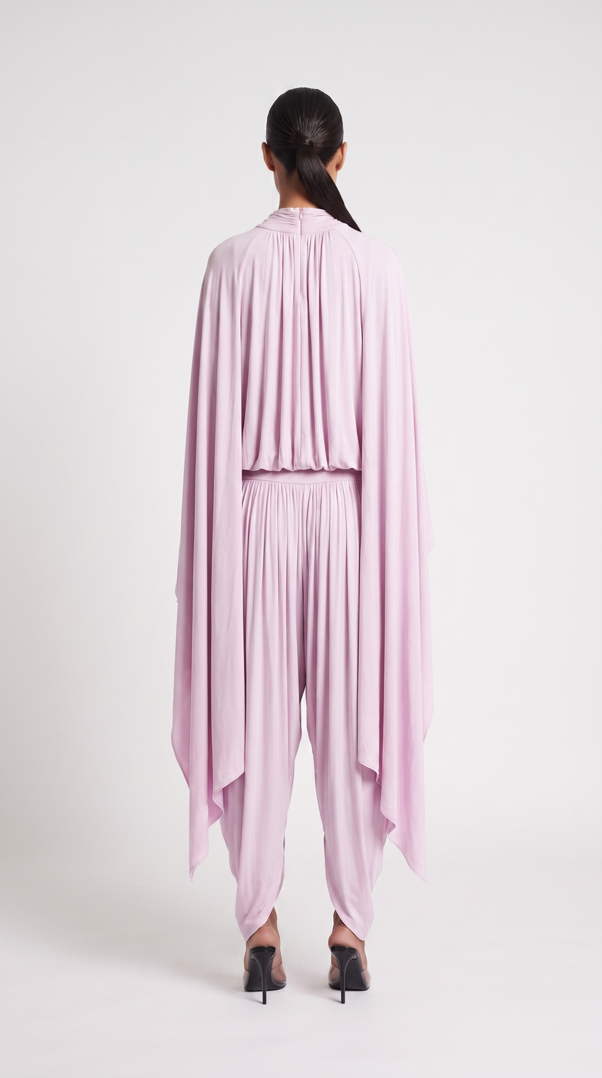 Nasia - Draped Cape Top & Pleated Harem Pants Two-Piece Set Pink