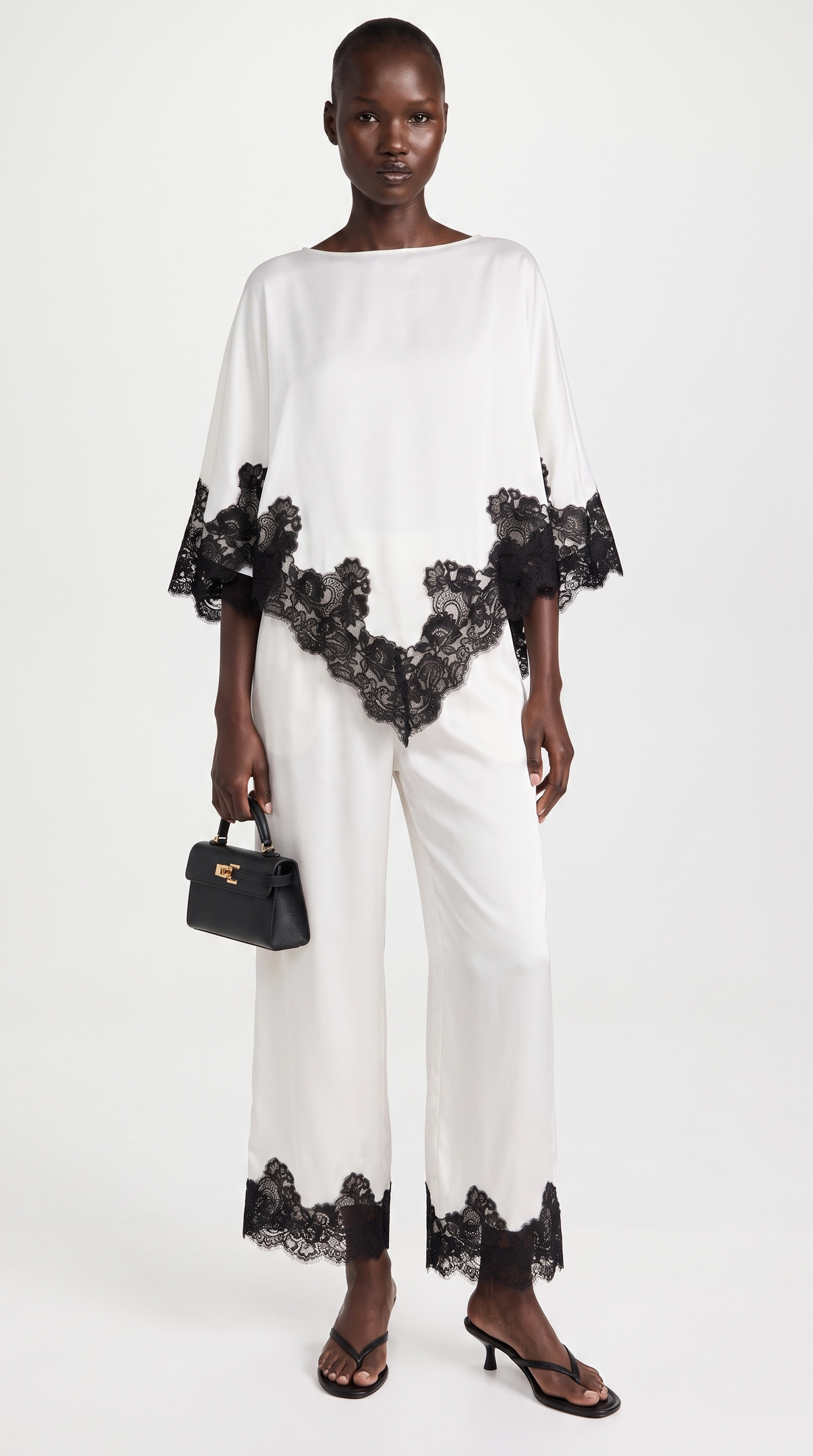 Anima - Lace-Trimmed Handkerchief Cape Top & Wide-Leg Pants Set White