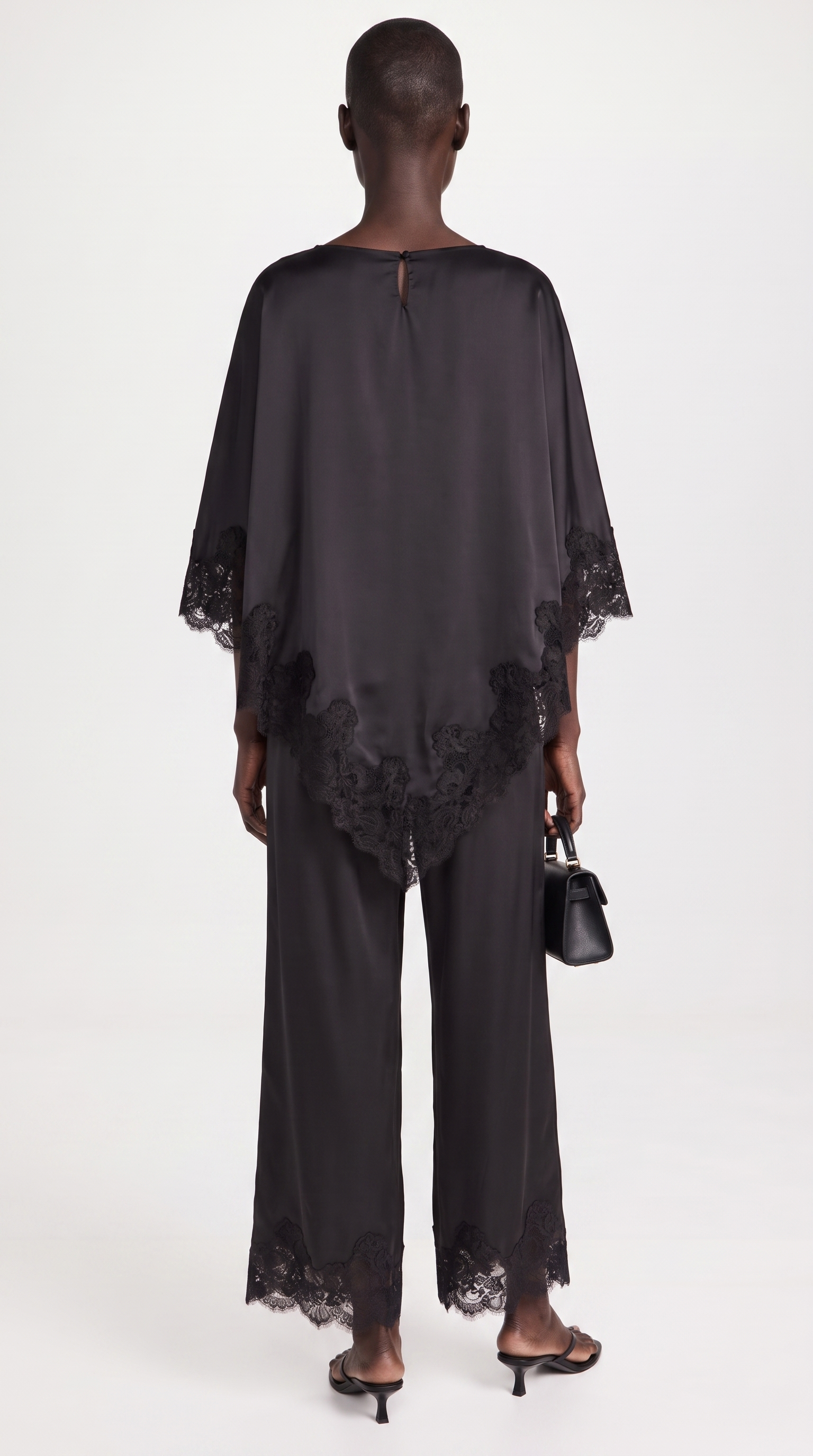 Anima - Lace-Trimmed Handkerchief Cape Top & Wide-Leg Pants Set Black