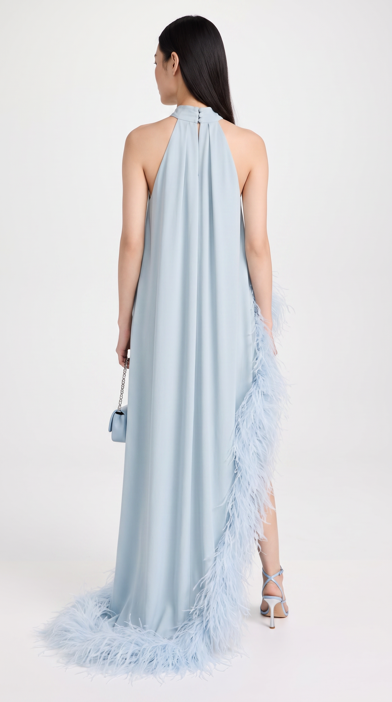 Delfi - Feather-Trimmed Asymmetric Halter Maxi Gown Blue