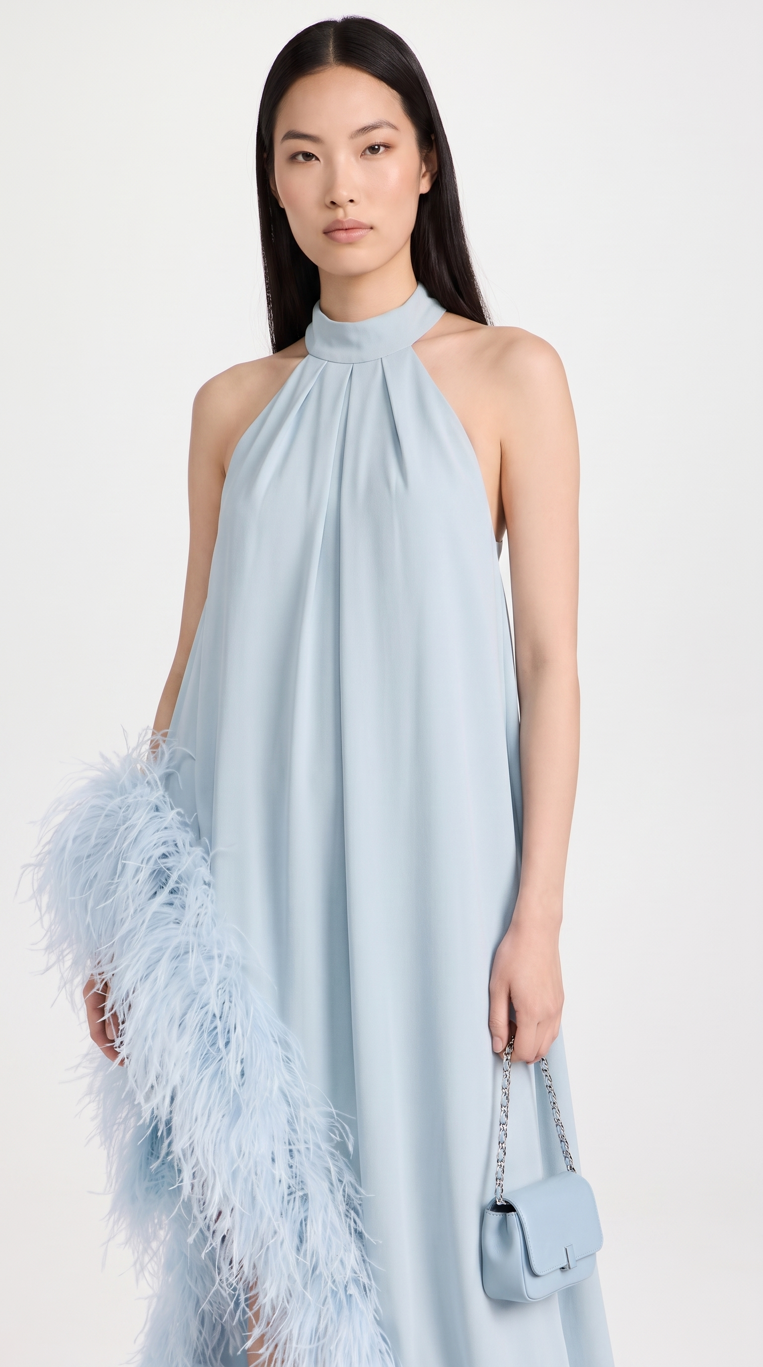 Delfi - Feather-Trimmed Asymmetric Halter Maxi Gown Blue