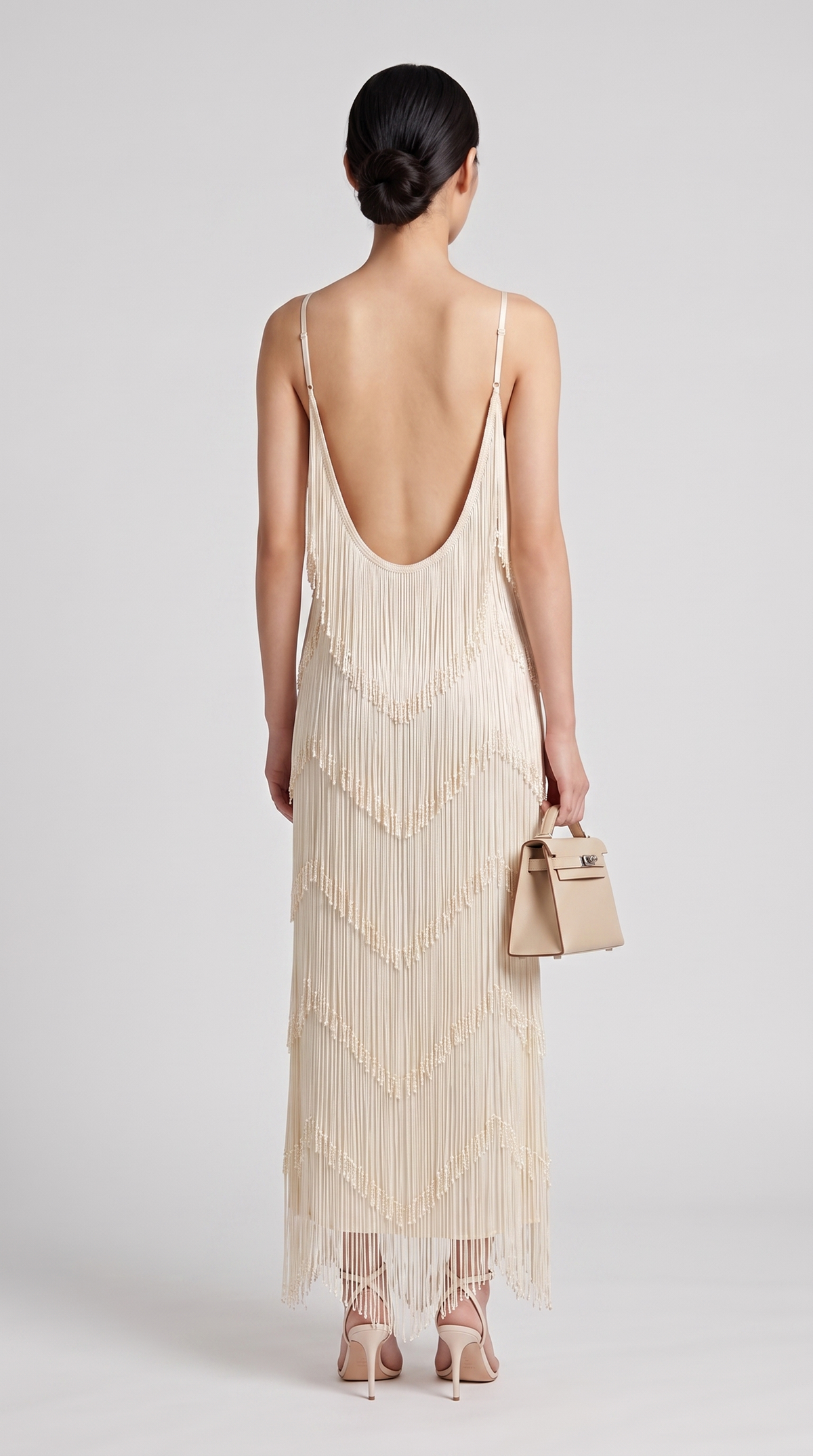 Menti - Tiered Chevron Fringe Open-Back Maxi Slip Dress Ivory