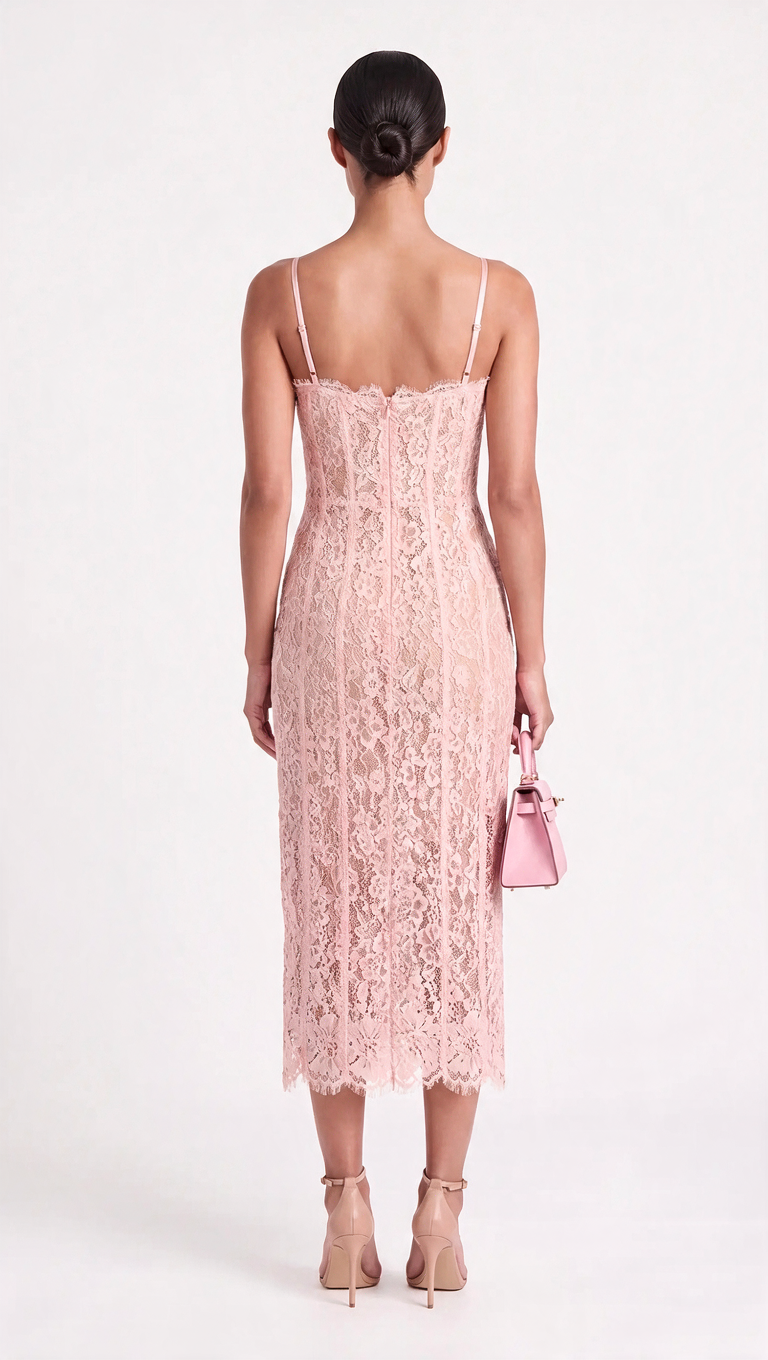 Lotri - Paneled Floral Lace Bustier Midi Dress Pink