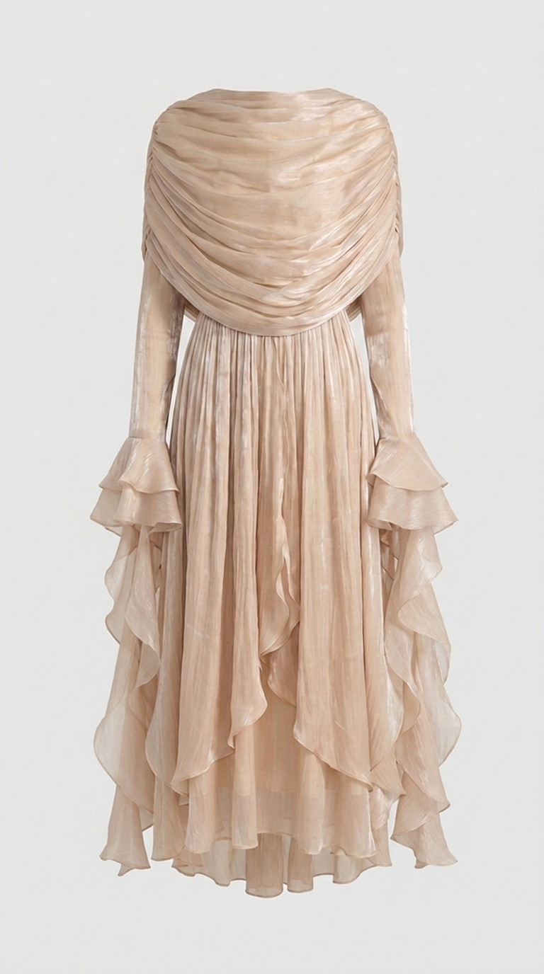 Kara - Unregelmäßig plissiertes Rüschkleid Hell-Aprikose