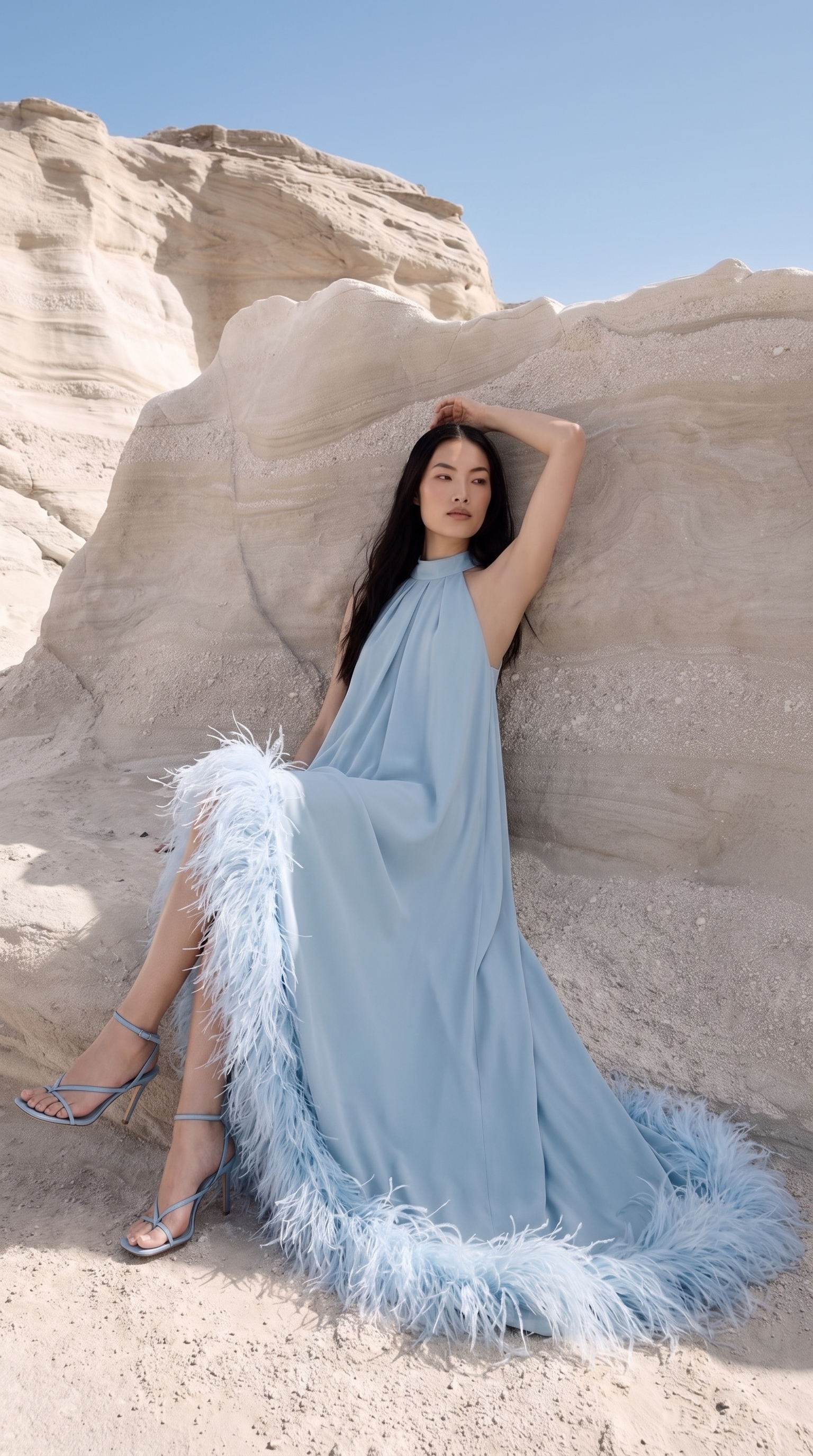 Delfi - Feather-Trimmed Asymmetric Halter Maxi Gown Blue