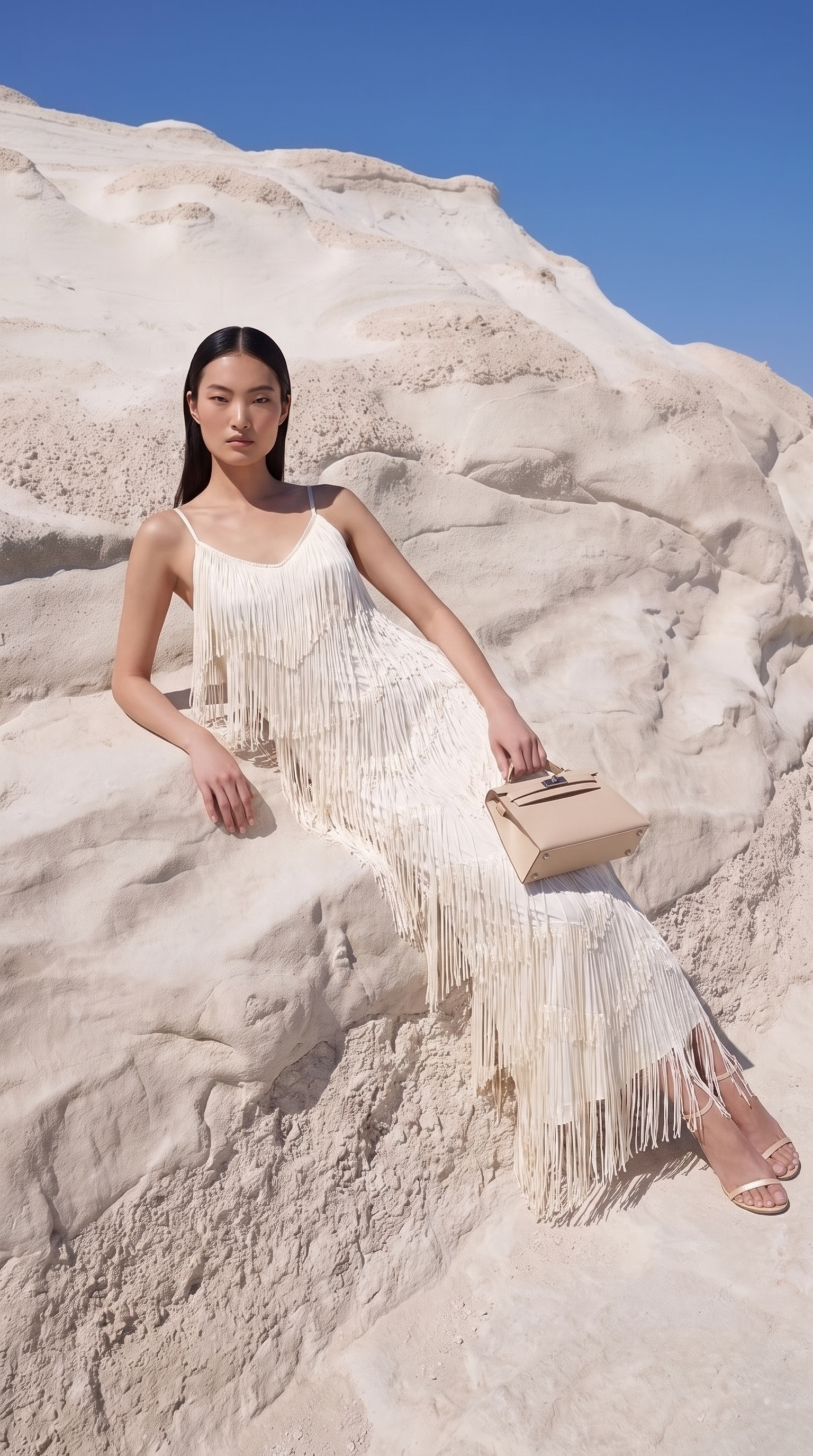 Menti - Tiered Chevron Fringe Open-Back Maxi Slip Dress Ivory
