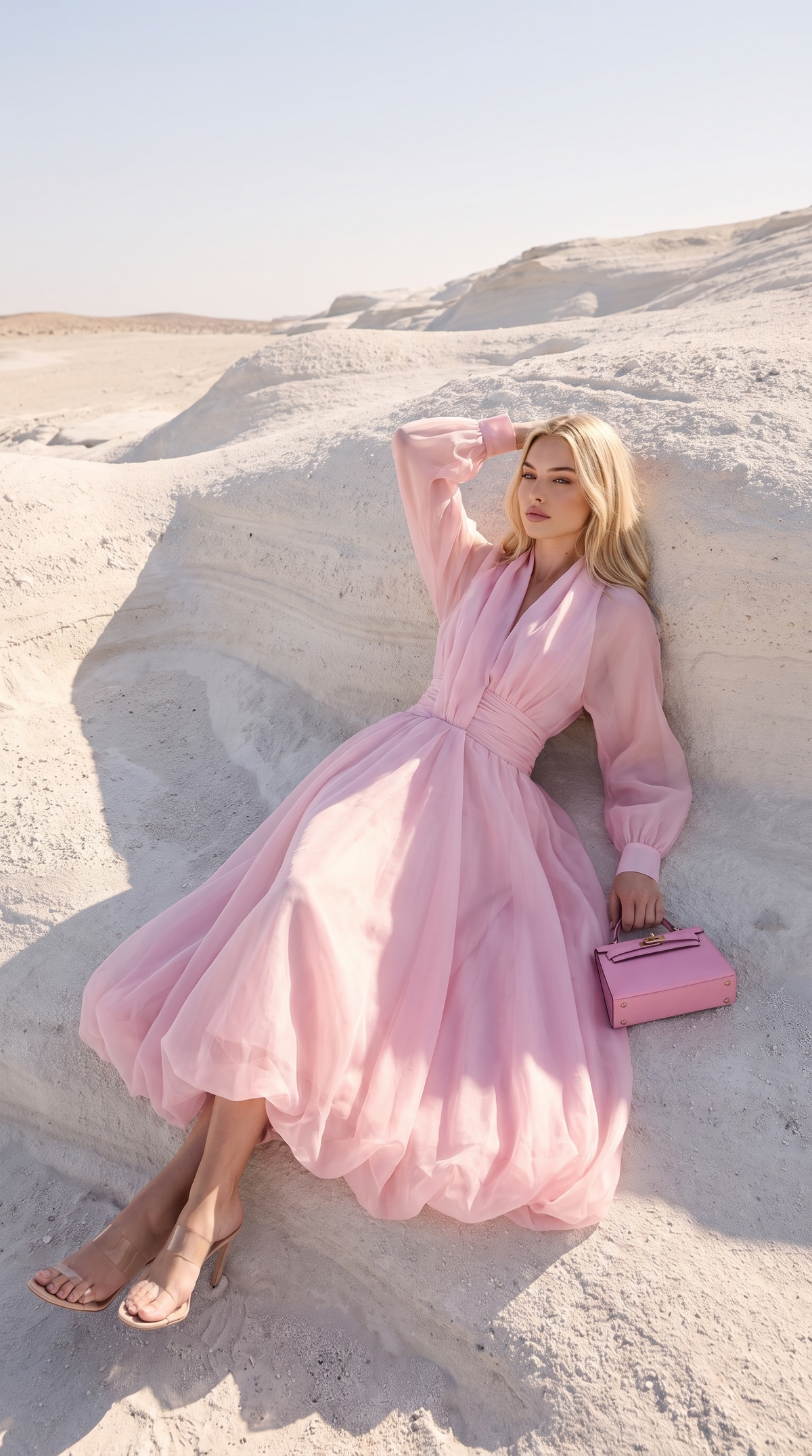 Zante - Draped V-Neck Bubble-Hem Organza Midi Dress Pink