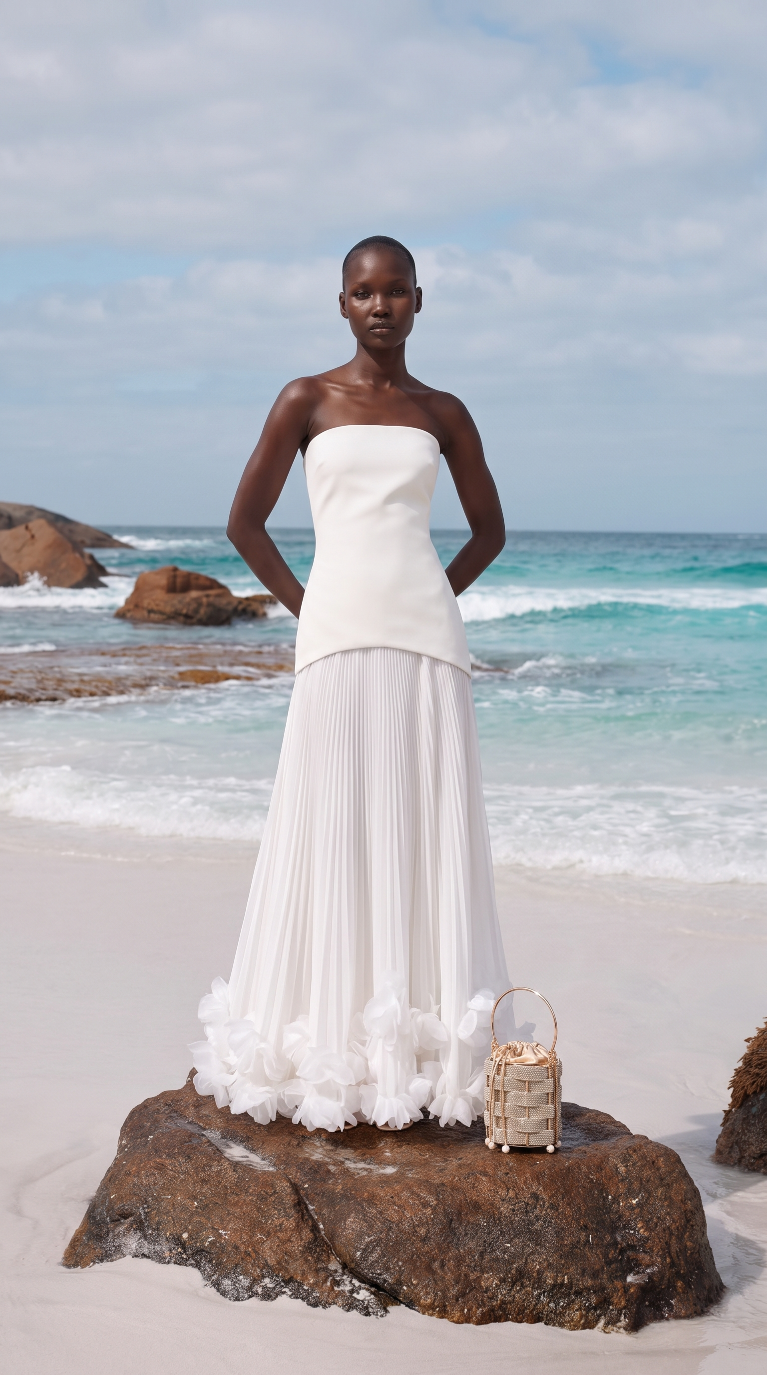Ceto - Strapless Pleated Rosette-Hem Maxi Gown White