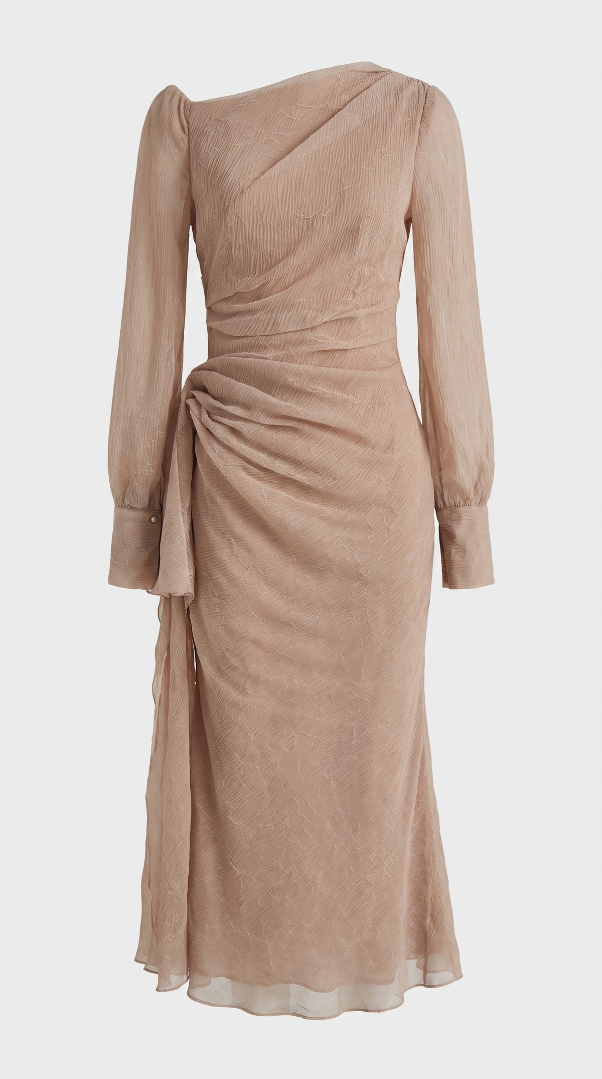 Manteo – Asymmetric Ruched Chiffon Midi Dress Beige