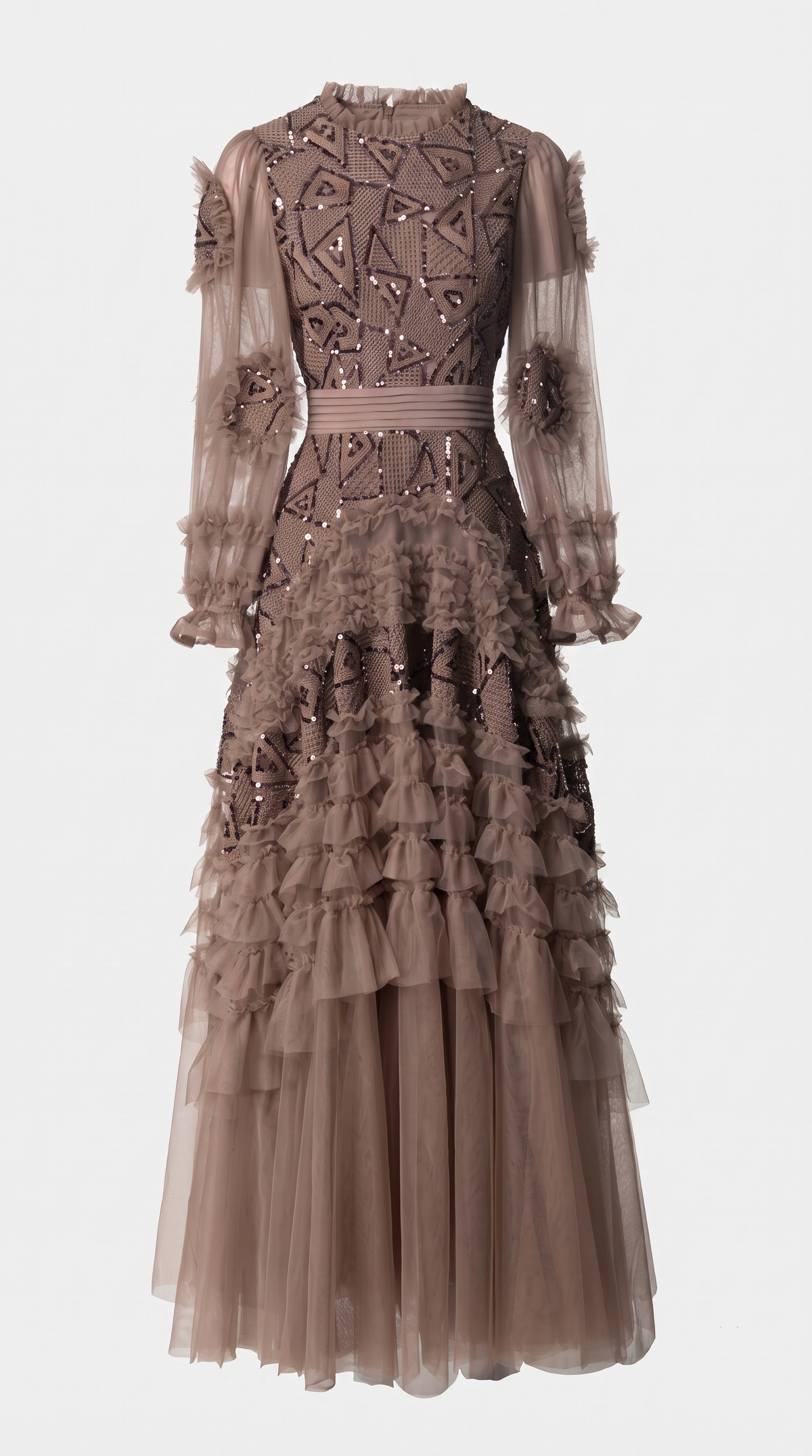 Saso – Sequin Geometric Embroidered Tiered Tulle Gown Brown