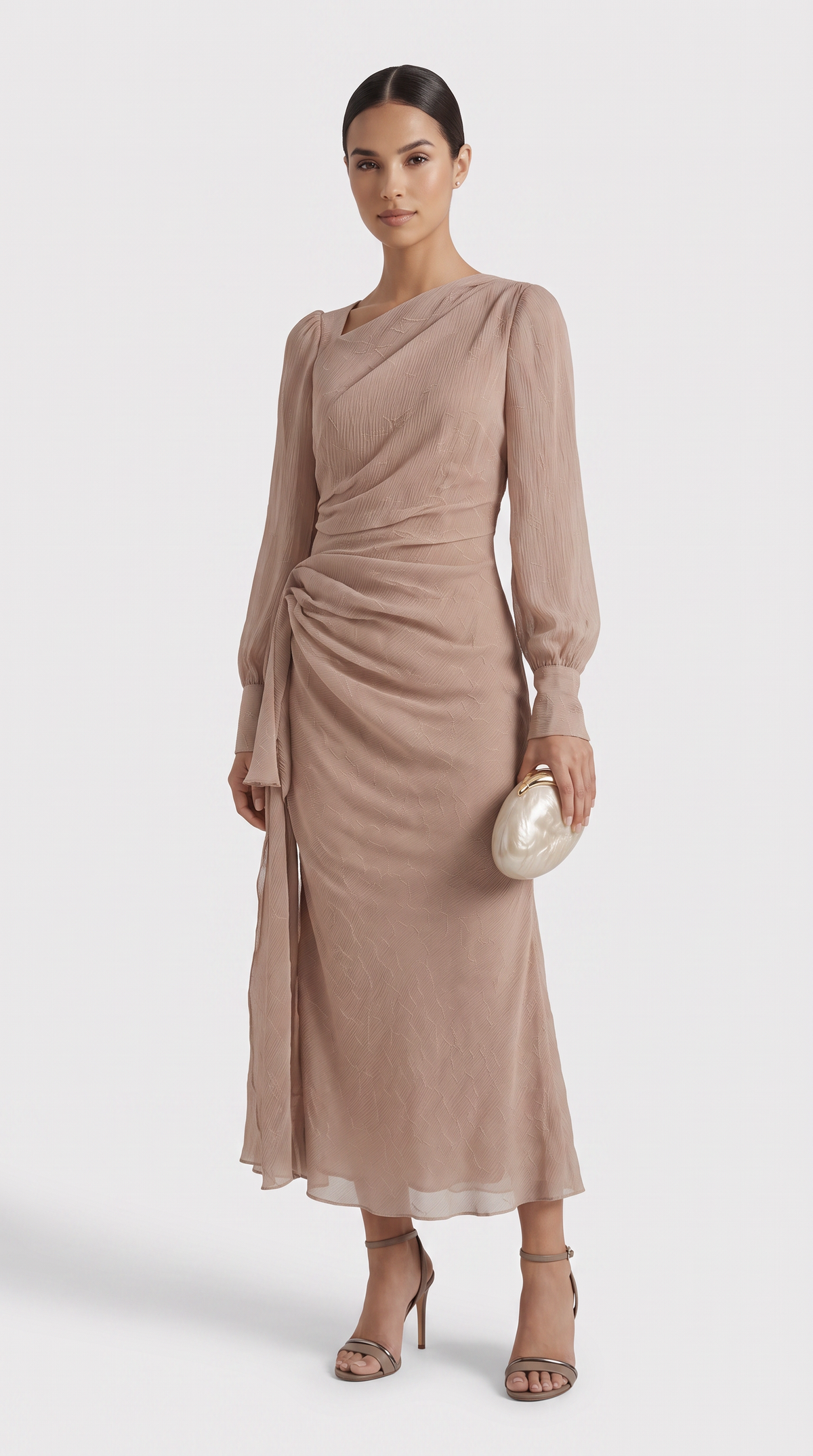 Manteo – Asymmetric Ruched Chiffon Midi Dress Beige