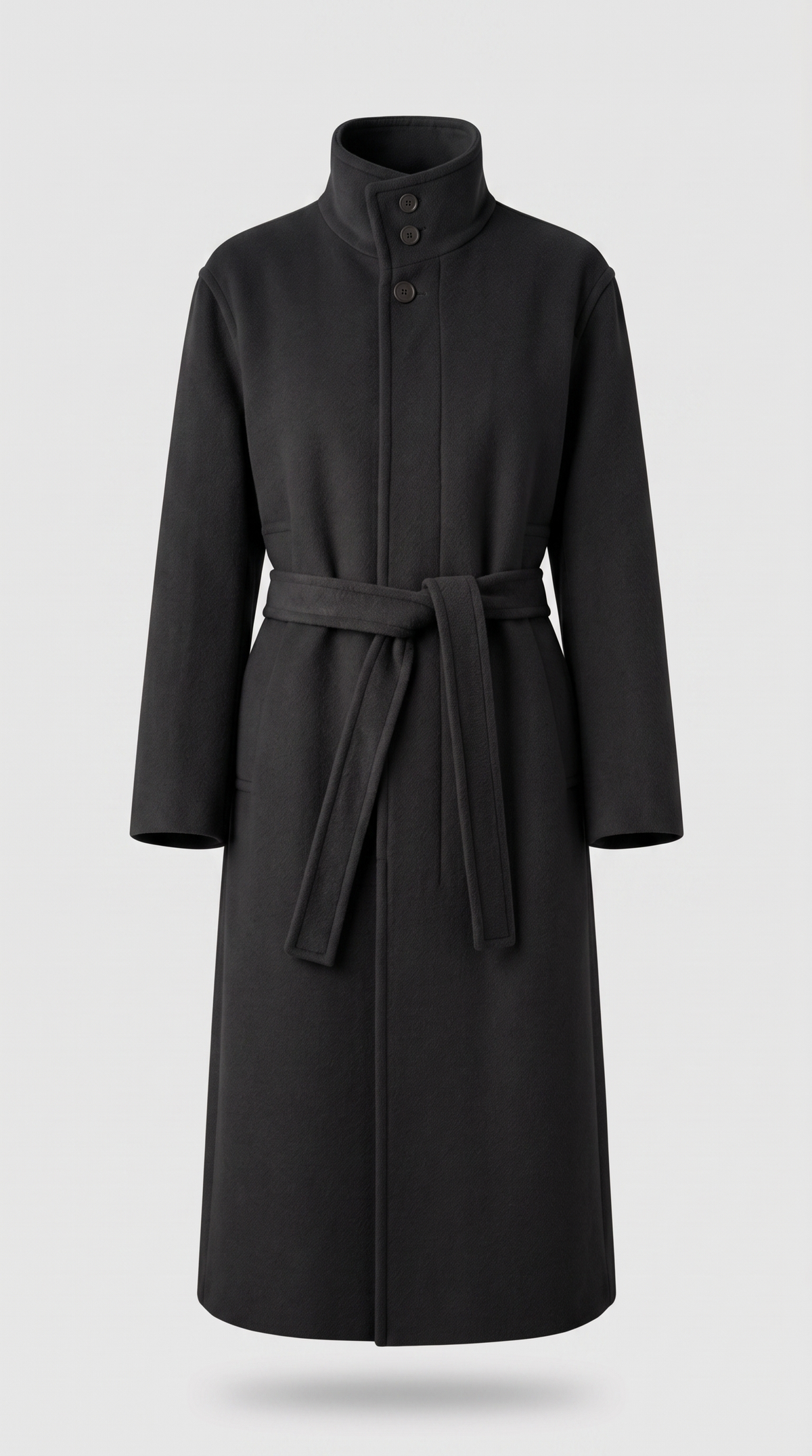 Rovere – High Neck Belted Cashmere & Wool Blend Trench Coat Black