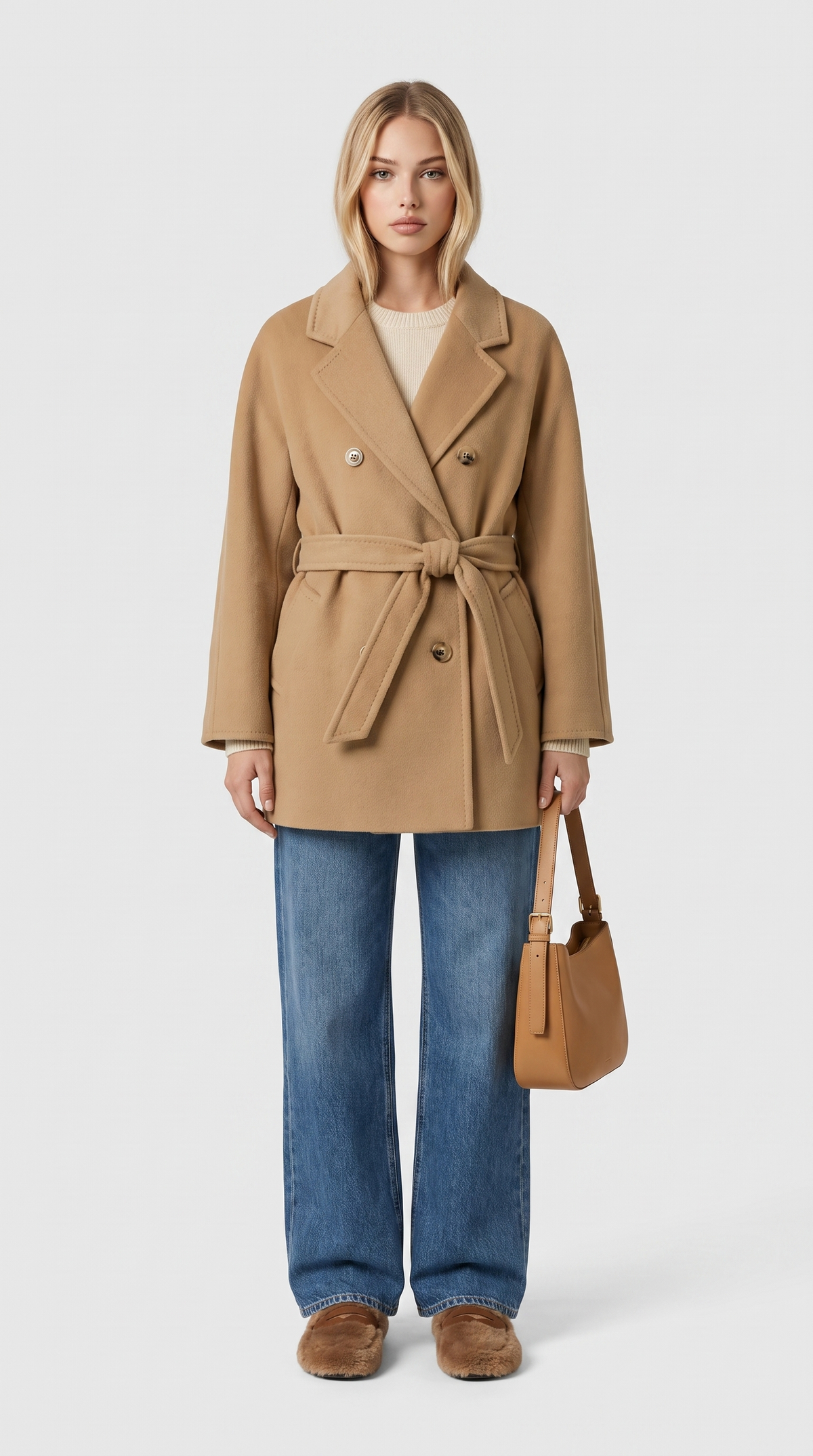 Malcesi – Belted Double Breasted Cashmere & Wool Blend Pea Coat Camel
