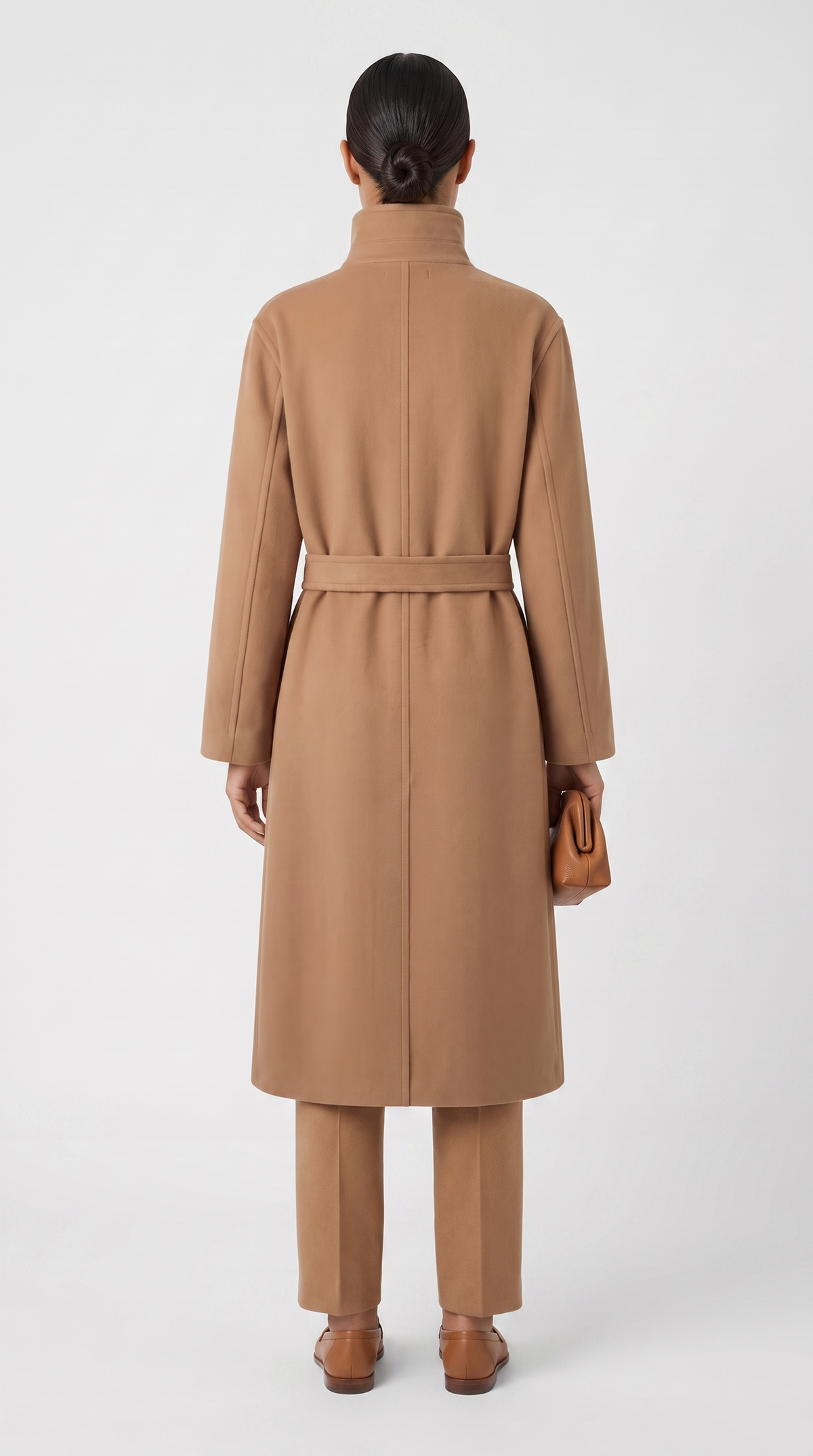 Rovere – High Neck Belted Cashmere & Wool Blend Trench Coat Camel